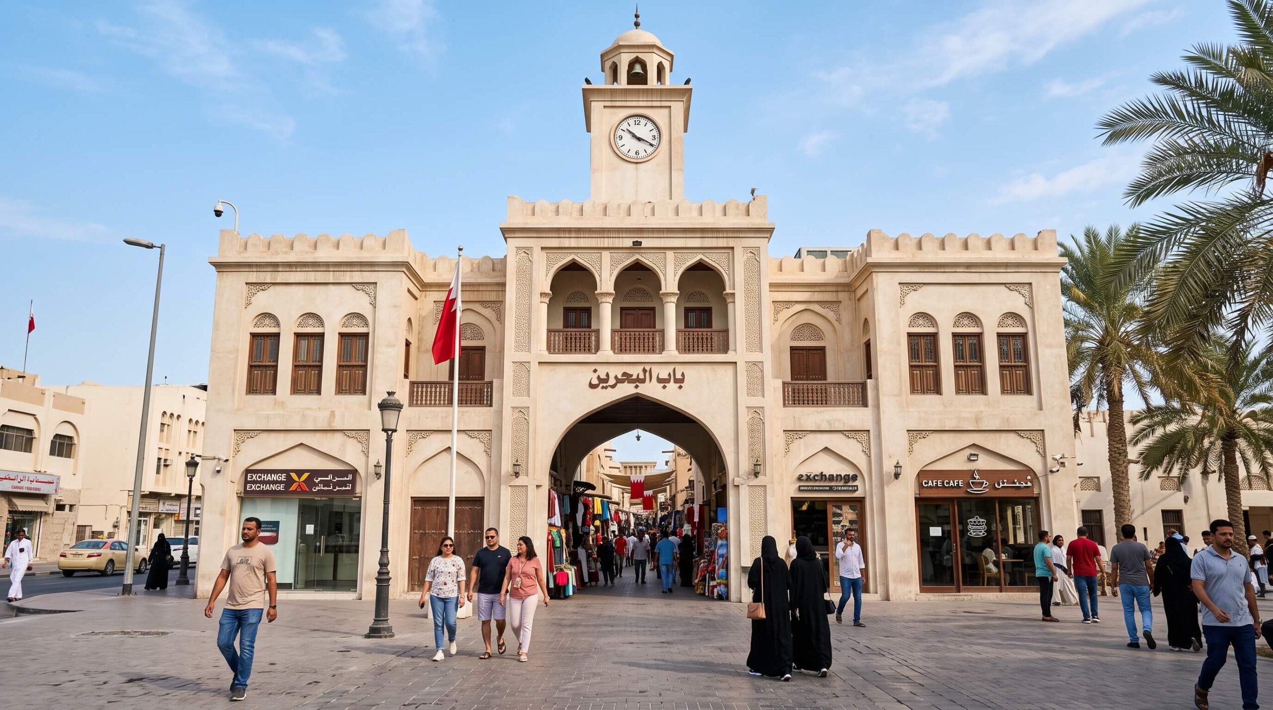 🇧🇭 تكلفة السفر الى البحرين للمصريين 2026: الميزانية الكاملة 5 باب البحرين التاريخي في المنامة وزوار يسيرون قرب الممشى نهارا