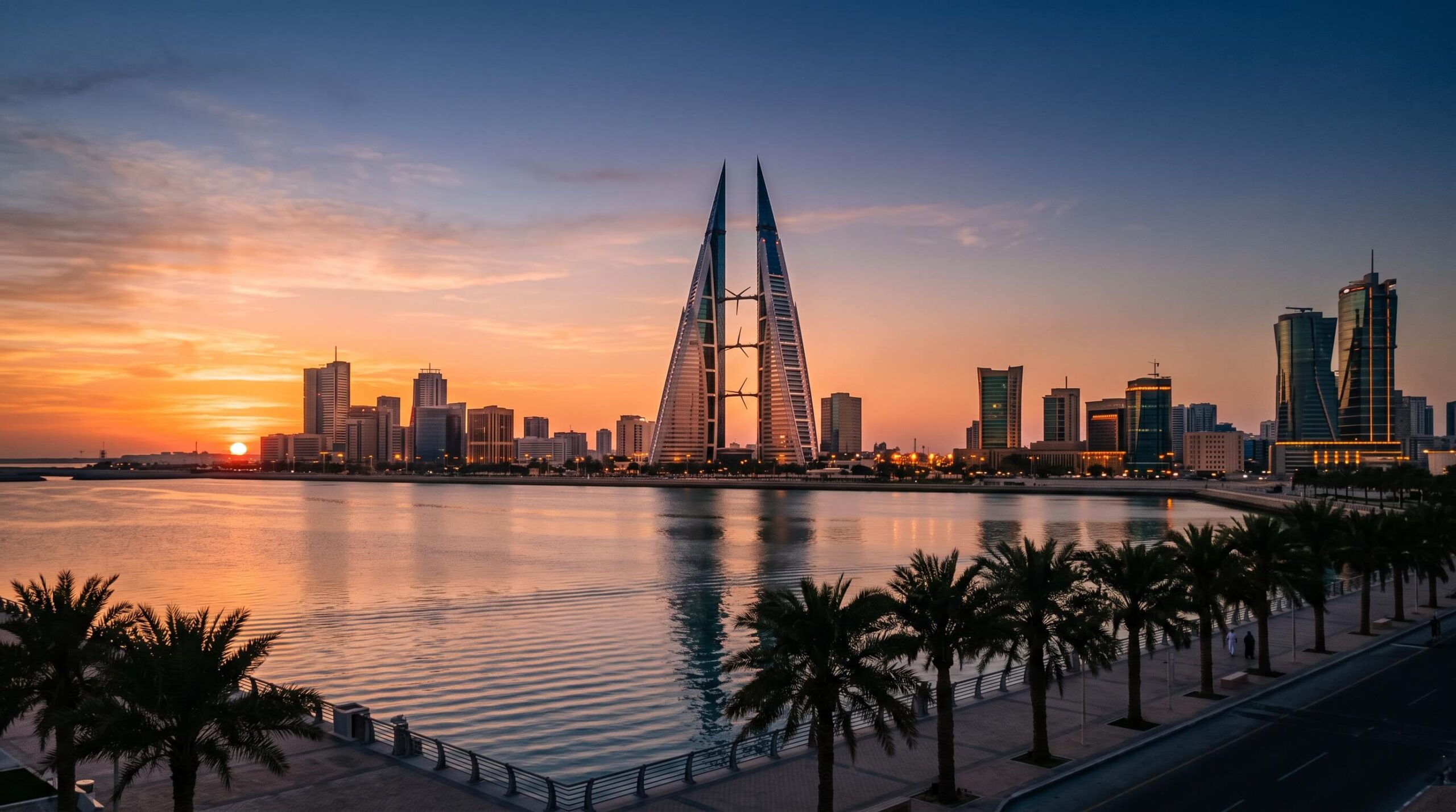 🇧🇭 تكلفة السفر الى البحرين للمصريين 2026: الميزانية الكاملة 2 أفق مدينة المنامة عند الغروب، وجهة تخطيط تكلفة السفر الى البحرين للمصريين 2026