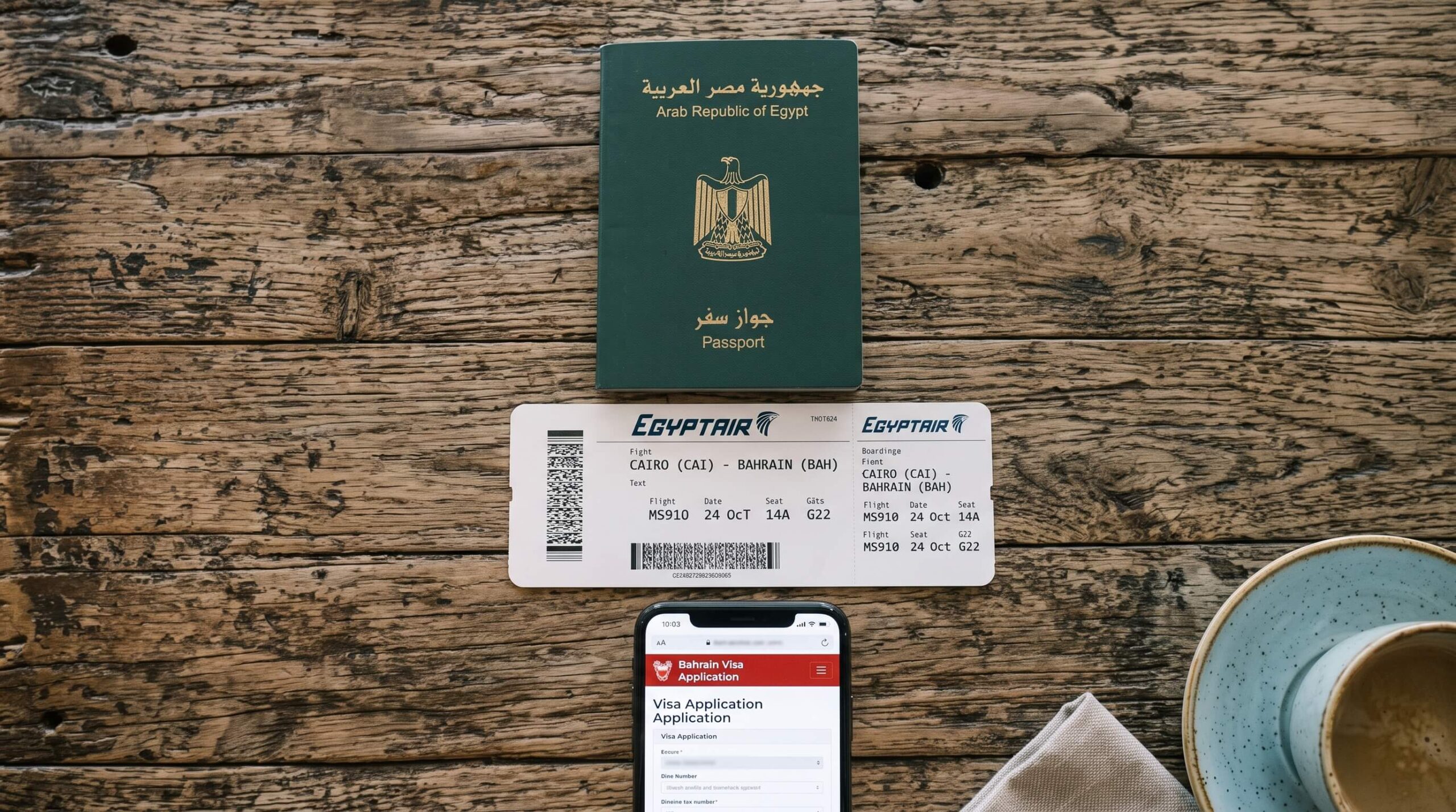 🇧🇭 تكلفة السفر الى البحرين للمصريين 2026: الميزانية الكاملة 3 جواز سفر مصري مغلق بجانب تذكرة طيران وهاتف يعرض تطبيق تأشيرة إلكترونية