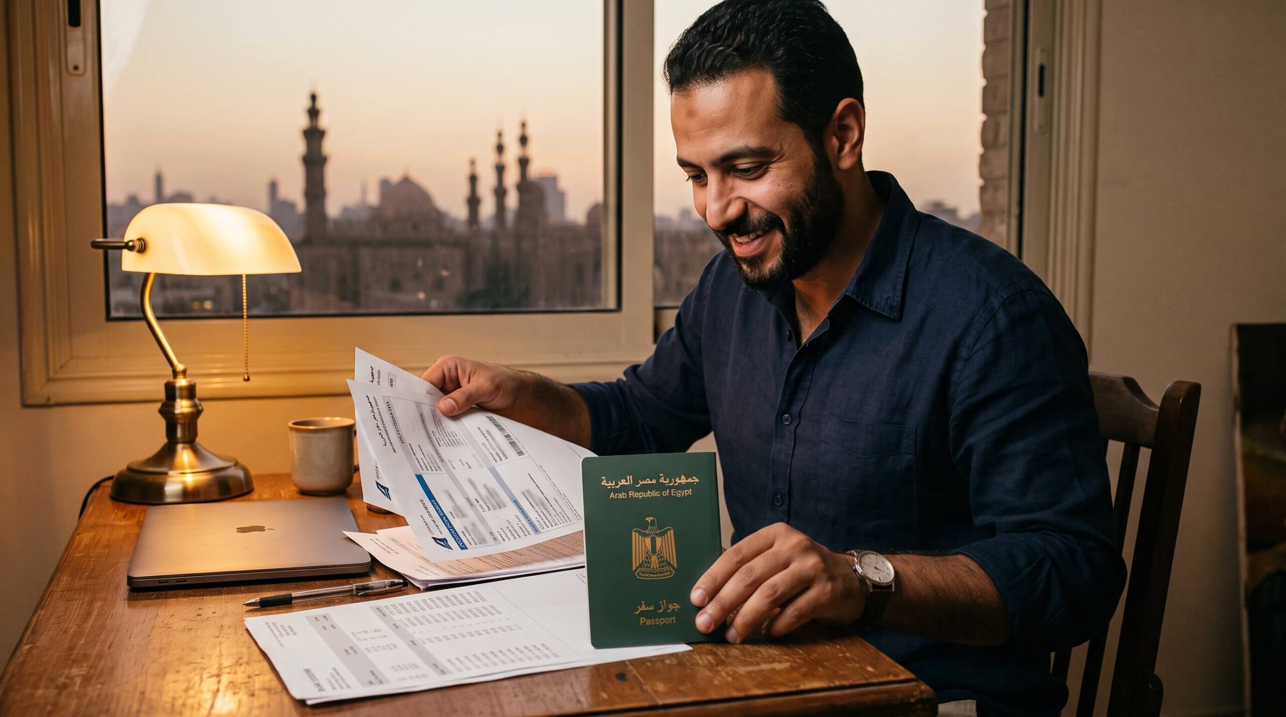 مسافر مصري يراجع بحماس أوراق فيزا نيجيريا مع جواز السفر وتذكرة الطيران وحجز الفندق على مكتبه في القاهرة