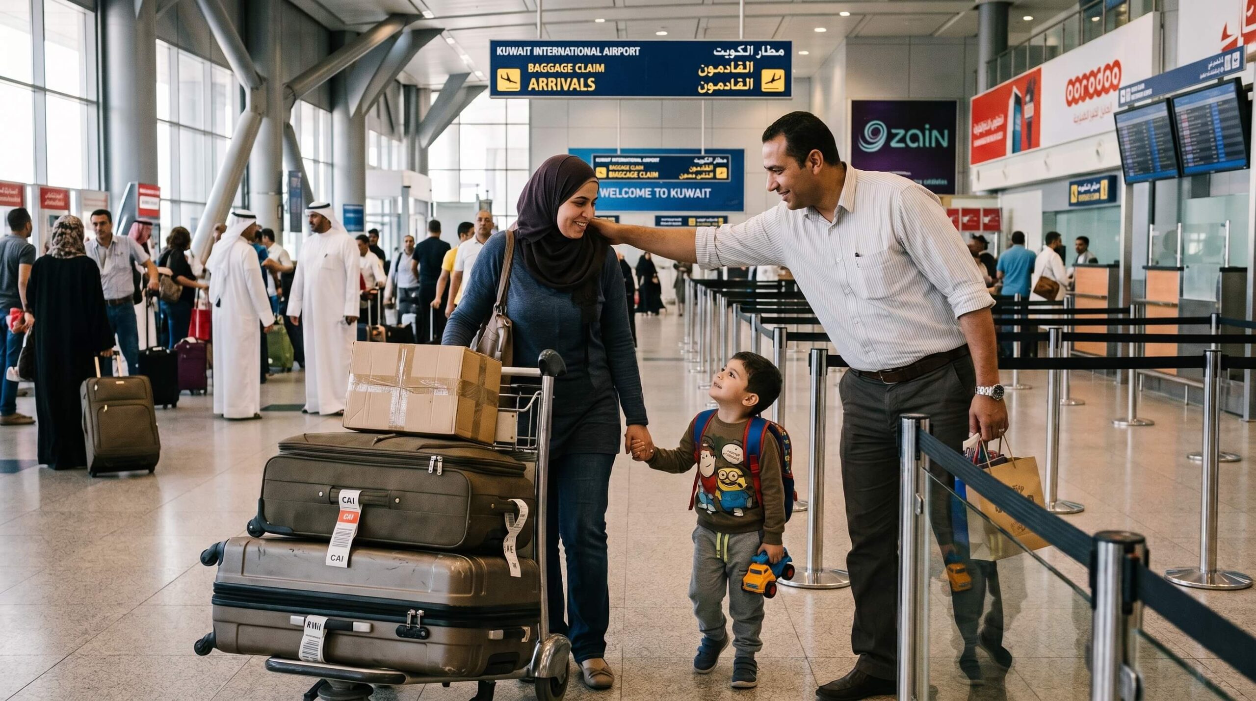 🇰🇼 الالتحاق بعائل في الكويت للمصريين 2026: الشروط والراتب والأوراق والرسوم 4 وصول زوجة وطفل مصريين إلى مطار الكويت الدولي للالتحاق بالعائل