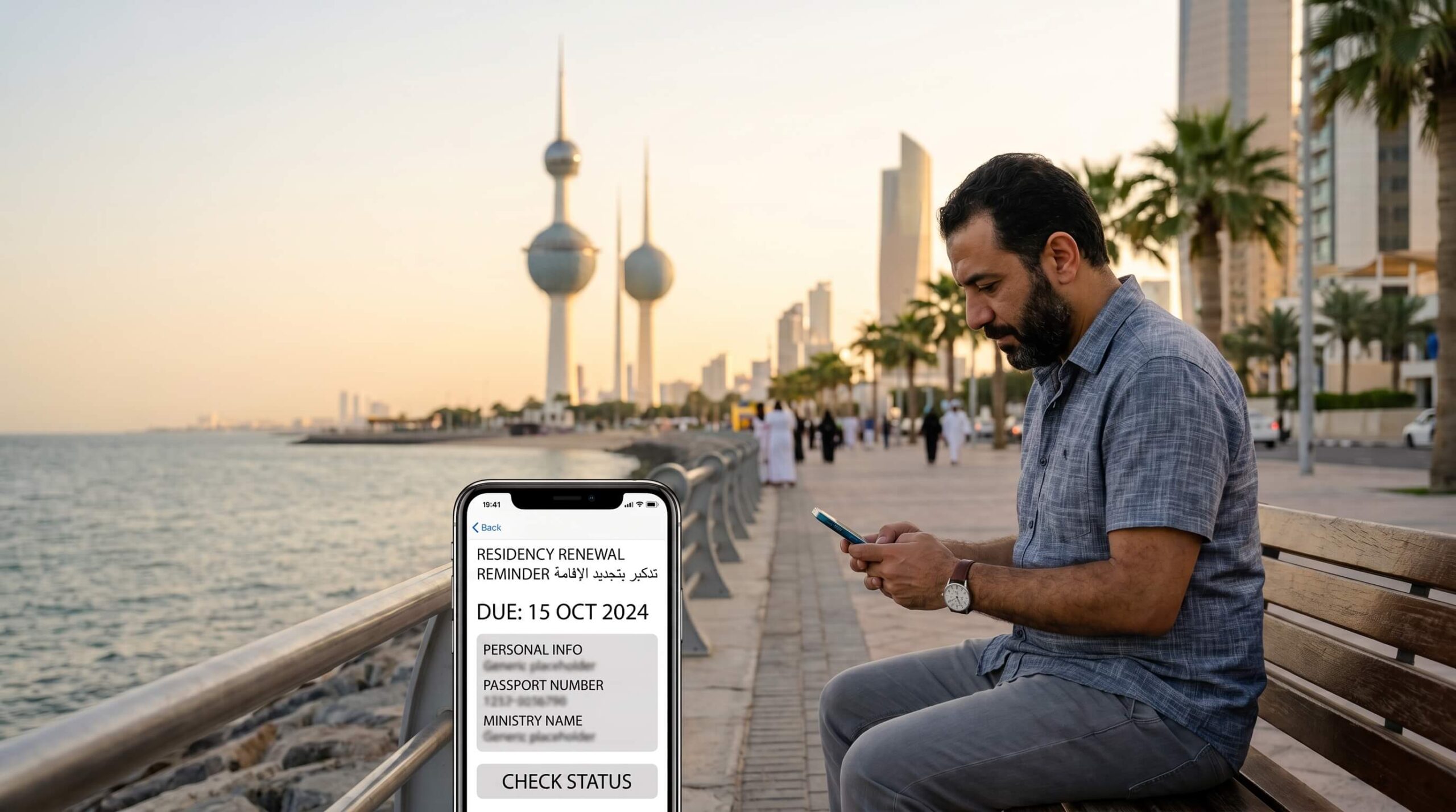 تجديد الإقامة في الكويت للمصريين مع متابعة موعد التجديد على الهاتف وأبراج الكويت في الخلفية