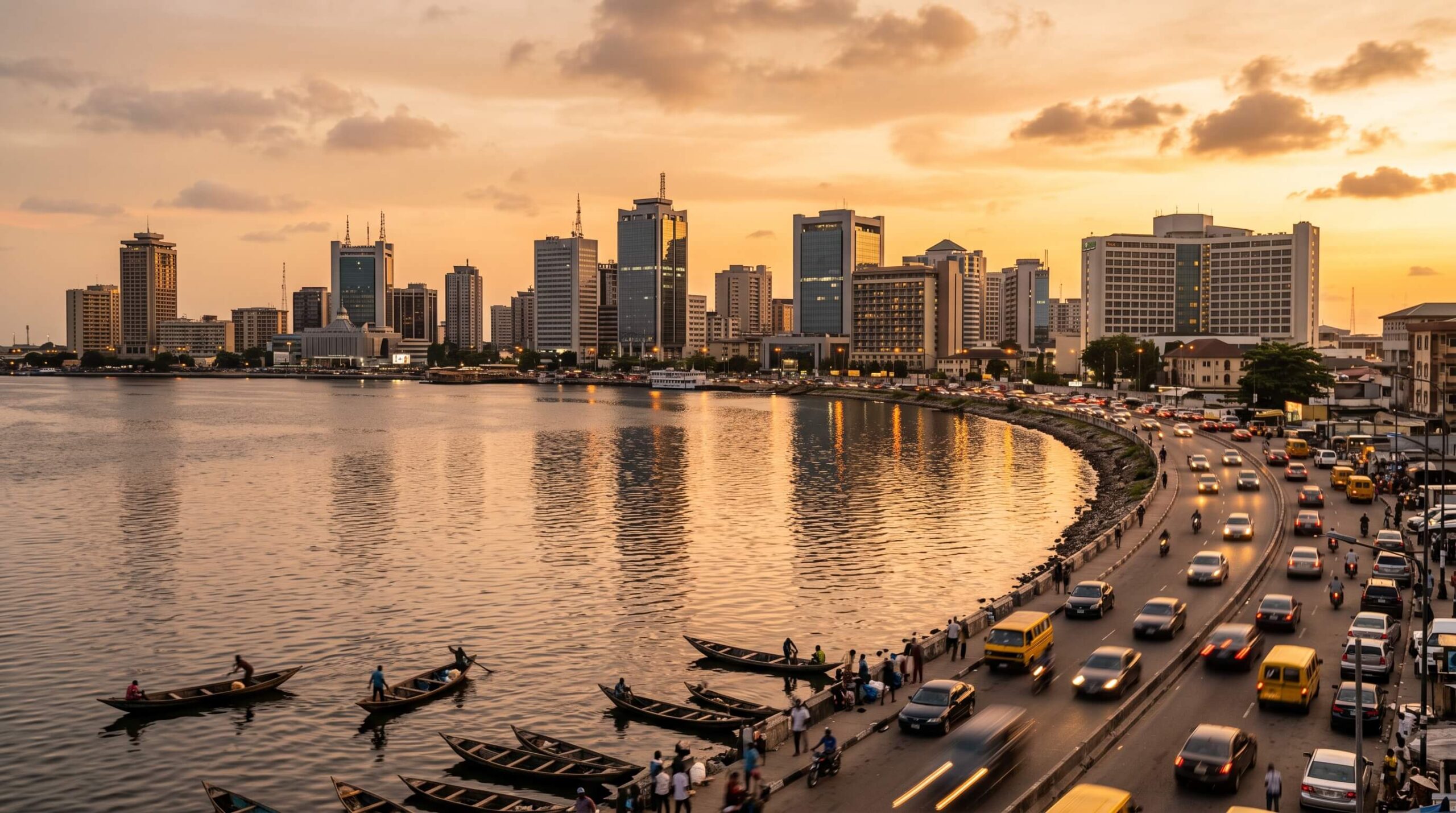 🇳🇬 تكلفة السفر إلى نيجيريا للمصريين 2026: ميزانية رحلتك بالتفصيل 2 تكلفة السفر إلى نيجيريا للمصريين، أفق فيكتوريا آيلاند في لاغوس وقت الغروب