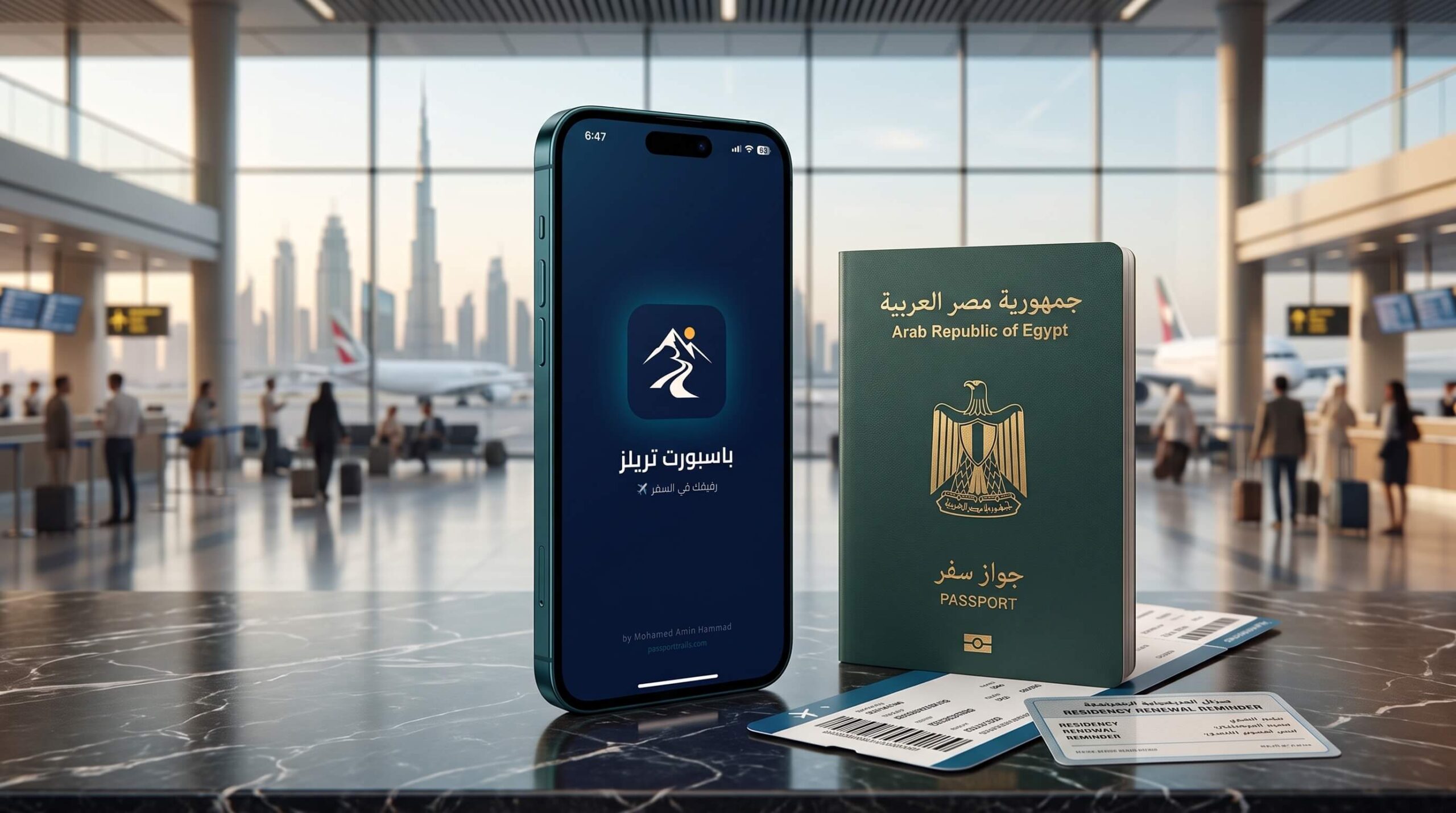 تجديد الإقامة في الإمارات للمصريين 2026: الشروط والرسوم والخطوات 7 هاتف يعرض تطبيق Passport Trails بجوار تذكير بموعد الإقامة