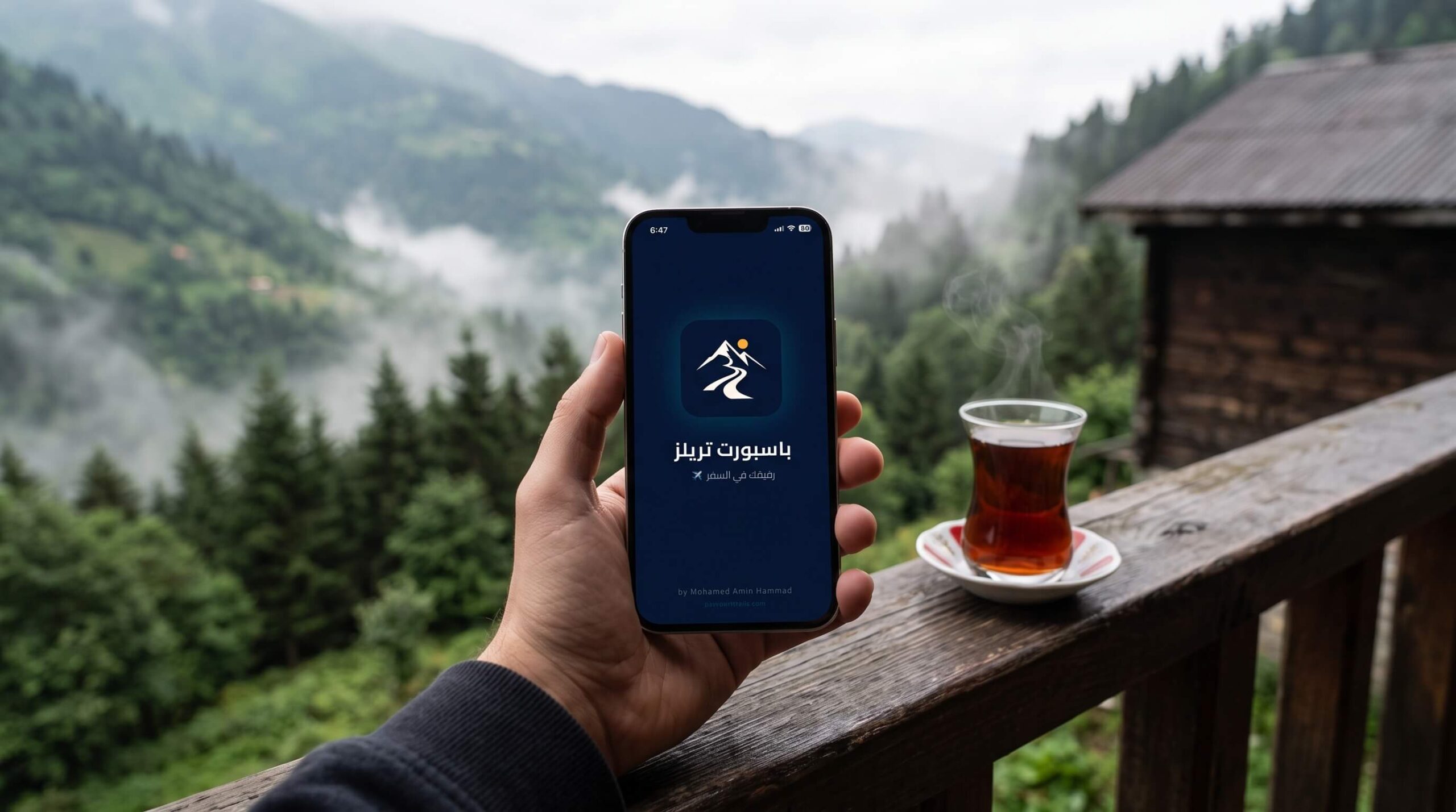 يد تمسك موبايل يعرض تطبيق Passport Trails وسط مرتفعات طرابزون الخضراء الضبابية