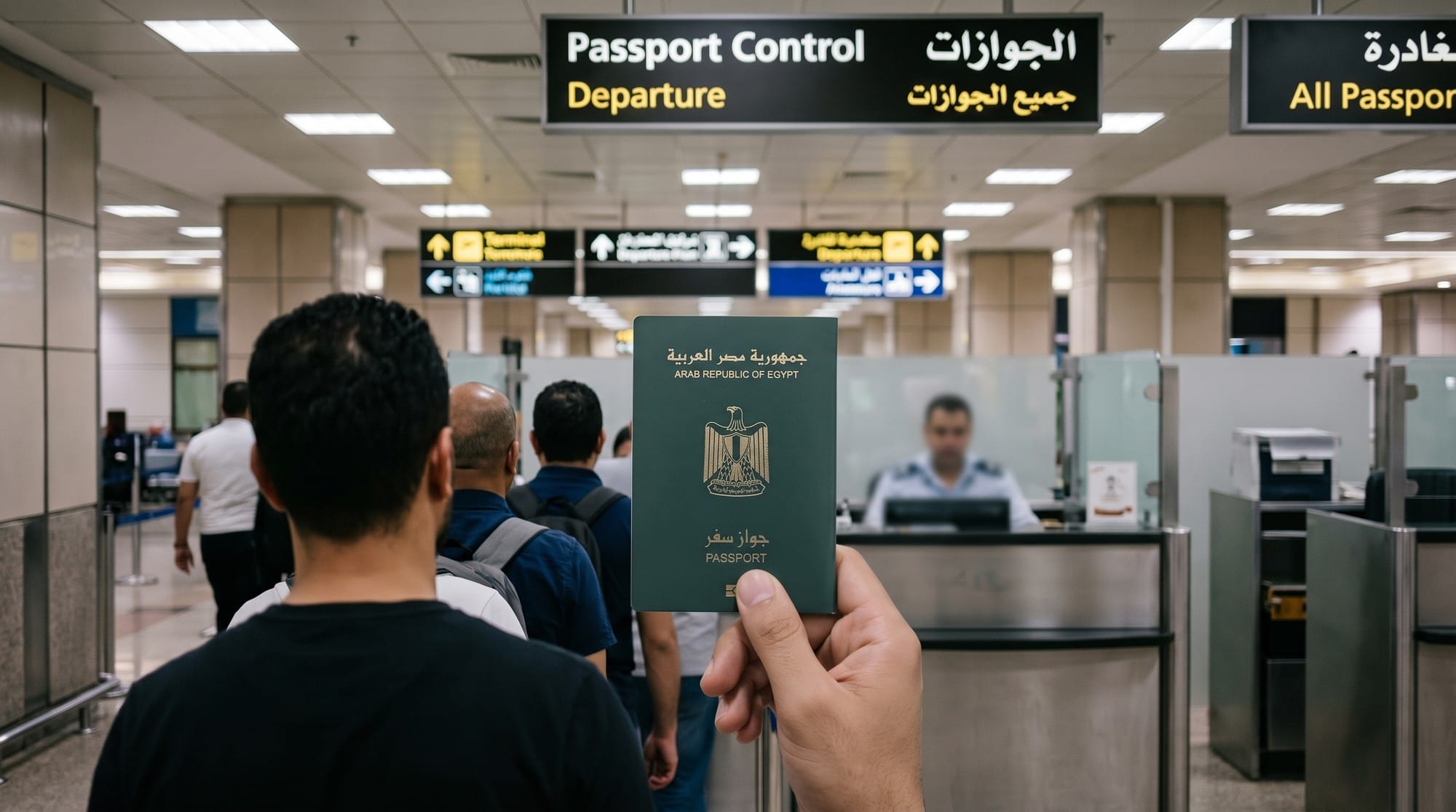 أول مرة تسافر من مطار القاهرة؟ الإجراءات خطوة بخطوة من باب المطار لحد الطيارة 5 مسافر ماسك باسبوره المصري في طابور الجوازات في مطار القاهرة تحت يافطة Passport Control قدام كبائن الضباط