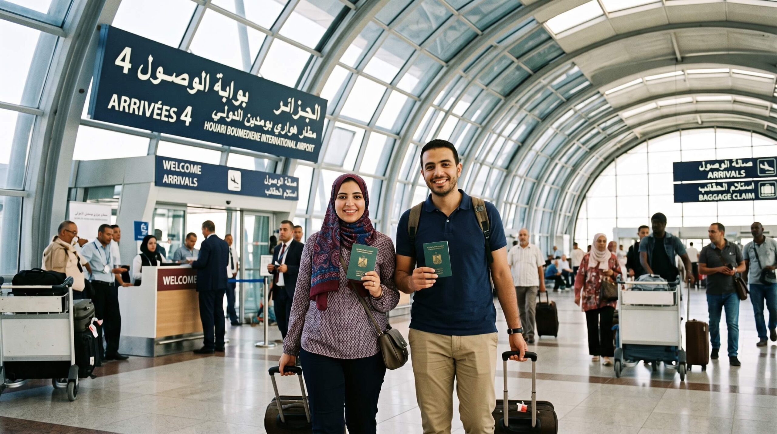 زوجين مصريين في صالة الوصول بمطار هواري بومدين في الجزائر العاصمة ومعاهم جواز السفر المصري
