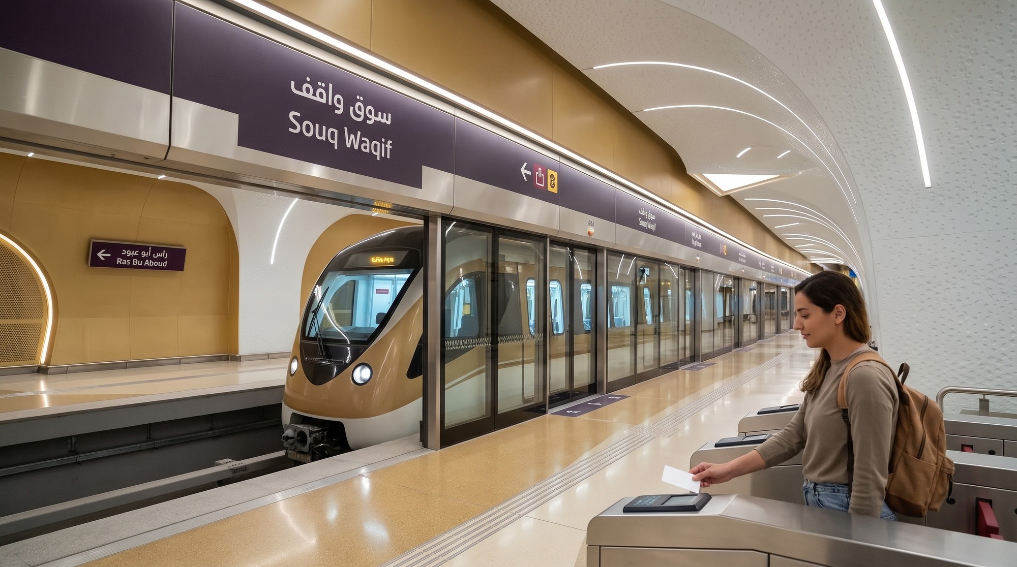🇶🇦 تكلفة السفر إلى قطر 2026 من مصر: ميزانية 6 أيام في الدوحة بالتفصيل 5 مسافرة بشنطة ضهر بتعدّي بكارت المترو من البوابة على رصيف محطة سوق واقف في مترو الدوحة وقطر الخط الذهبي واقف