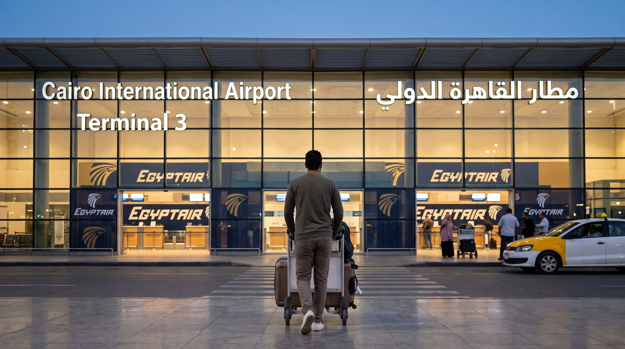 أول مرة تسافر من مطار القاهرة؟ الإجراءات خطوة بخطوة من باب المطار لحد الطيارة 2 مسافر بيزق تروللي بشنطه ناحية واجهة مبنى 3 وكاونترات مصر للطيران، أول خطوة في إجراءات السفر من مطار القاهرة