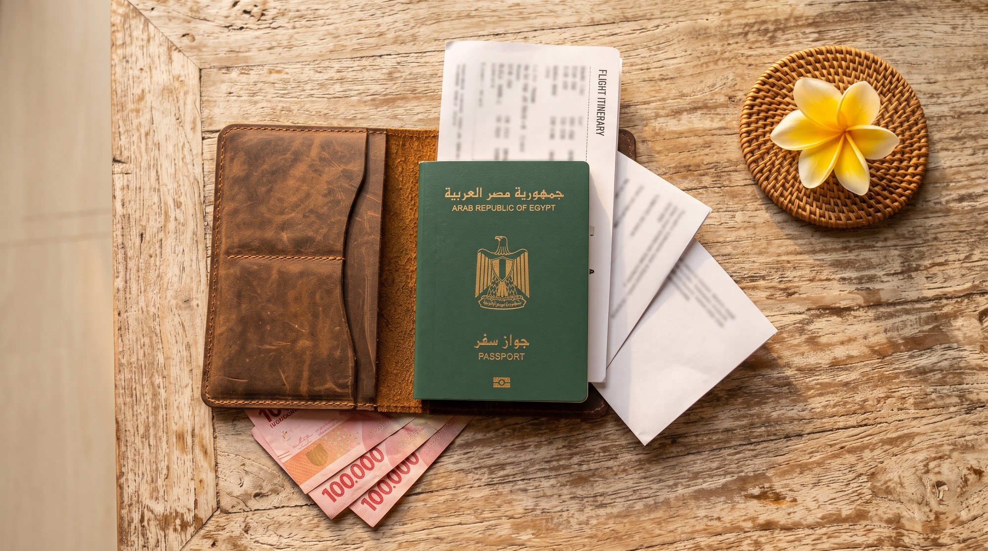 محفظة سفر جلد مفتوحة فيها جواز سفر مصري مقفول وحجز طيران مطبوع وأوراق من غير بيانات مقروءة، وجنبها أوراق روبية إندونيسية من فئة 100 ألف وزهرة فرانجيباني على قاعدة راتان