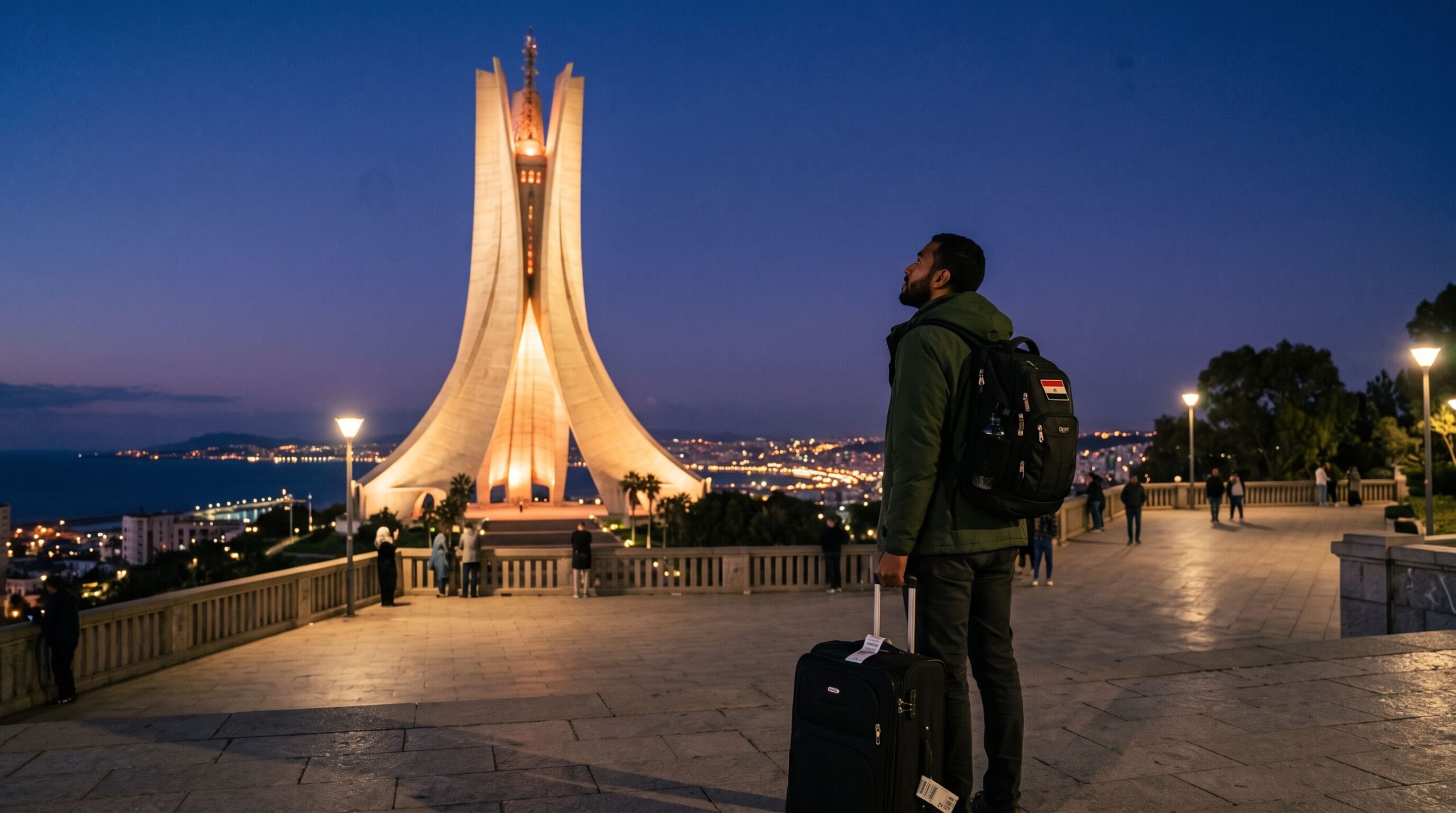 مسافر مصري بيزور نصب مقام الشهيد في الجزائر العاصمة وقت الغروب بعد ما وصل بالفيزا