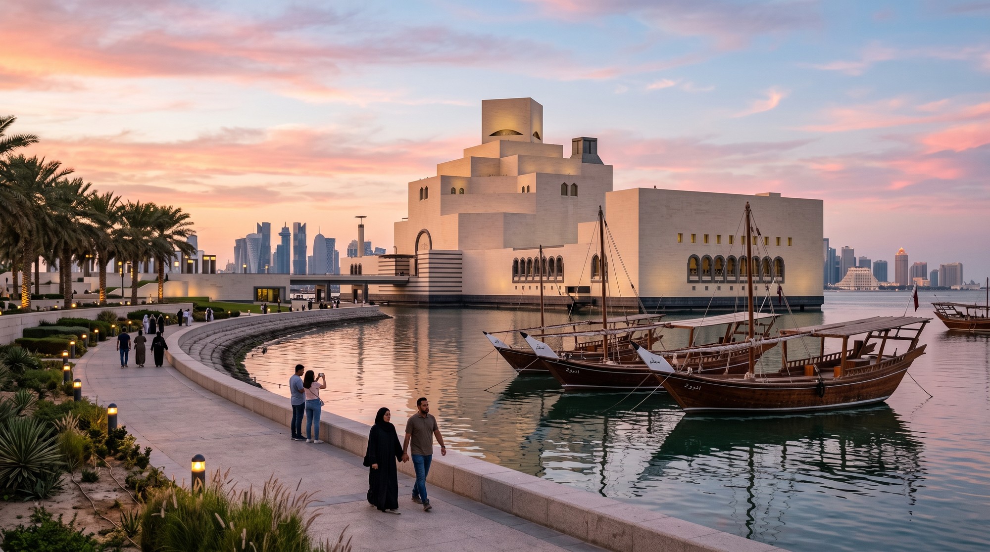 🇶🇦 تكلفة السفر إلى قطر 2026 من مصر: ميزانية 6 أيام في الدوحة بالتفصيل 6 متحف الفن الإسلامي في الدوحة وقت الغروب ومراكب خشب تقليدية راسية قدامه وزوار ماشيين على ممشى حديقة المتحف وأبراج الخليج الغربي في الخلفية