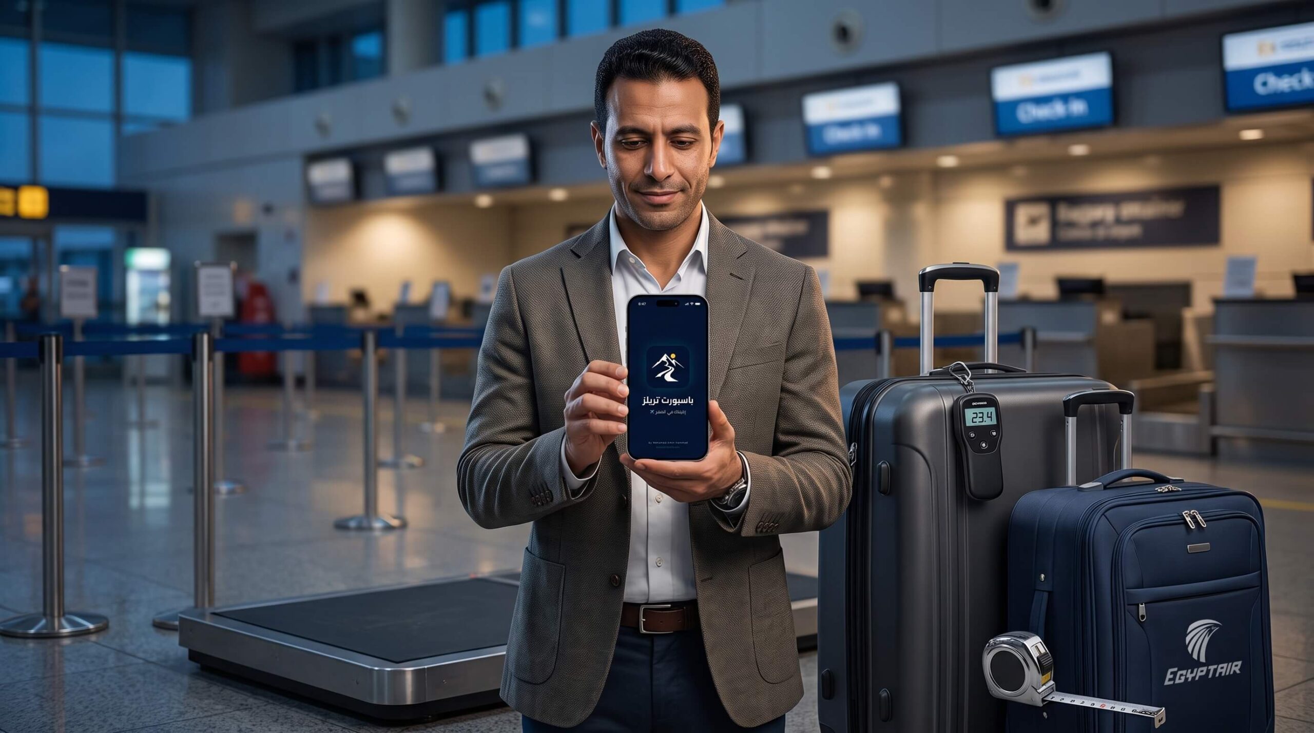 تطبيق Passport Trails مع مسافر وشنطته في المطار