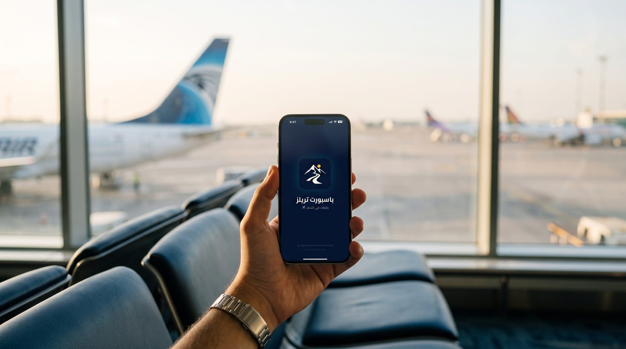 أول مرة تسافر من مطار القاهرة؟ الإجراءات خطوة بخطوة من باب المطار لحد الطيارة 9 إيد ماسكة موبايل عليه شاشة بداية أبلكيشن باسبورت تريلز في صالة المغادرة، وديل طيارة مصر للطيران ورا الزجاج