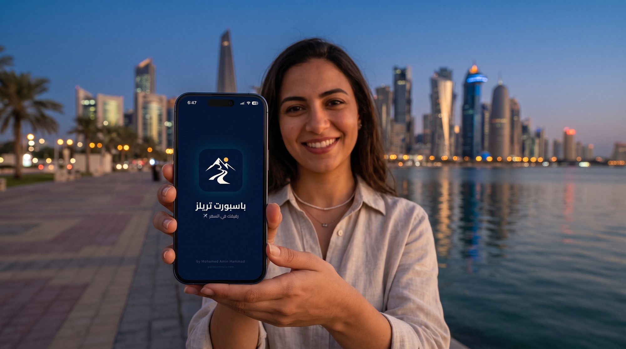 🇶🇦 تكلفة السفر إلى قطر 2026 من مصر: ميزانية 6 أيام في الدوحة بالتفصيل 8 مسافرة مبتسمة ماسكة موبايل عليه شاشة بداية تطبيق باسبورت تريلز على كورنيش الدوحة وأبراج الخليج الغربي منورة وراها