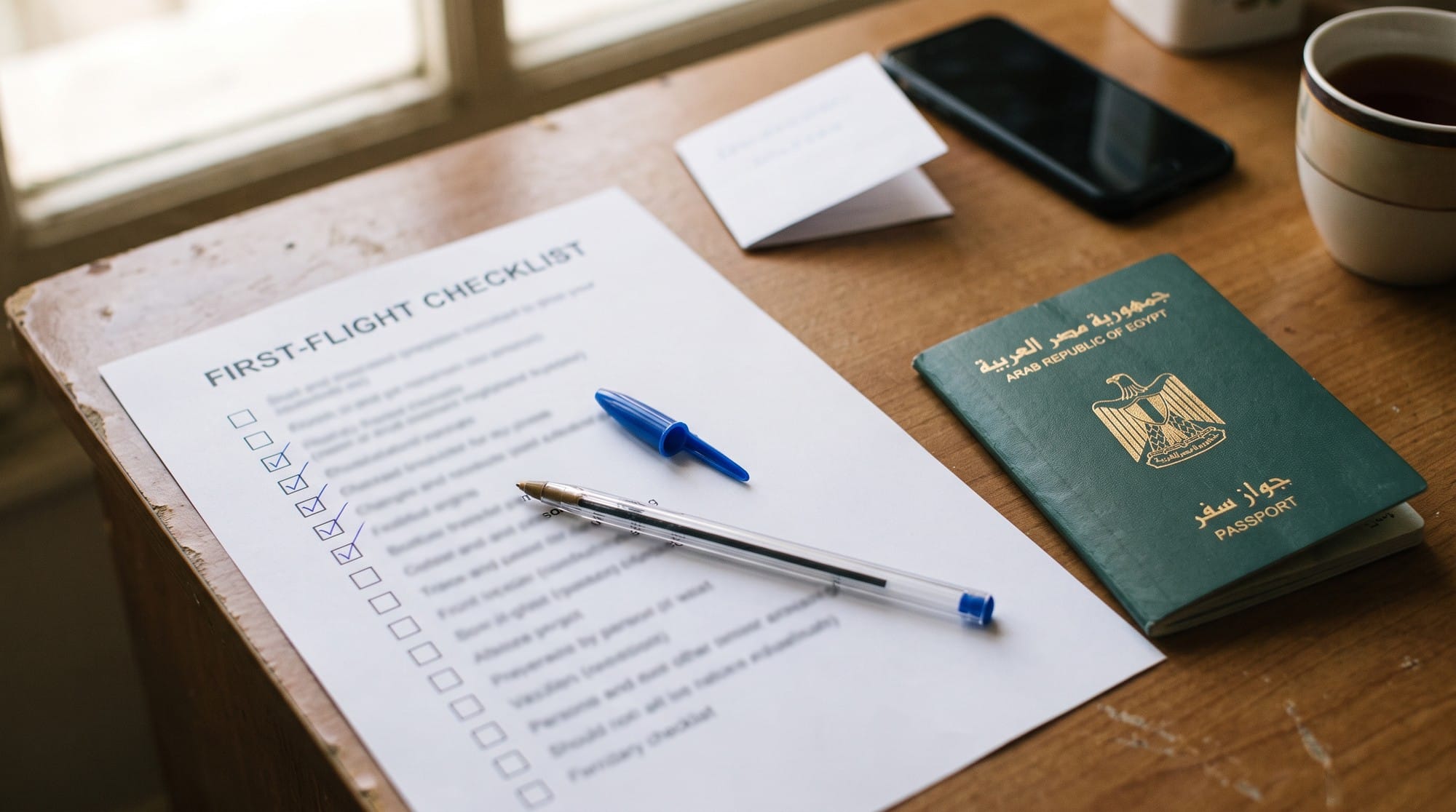 أول مرة تسافر من مطار القاهرة؟ الإجراءات خطوة بخطوة من باب المطار لحد الطيارة 8 قائمة First-Flight Checklist مطبوعة وعليها علامات صح بالقلم الأزرق، جنب باسبور مصري أخضر مقفول على مكتب خشب