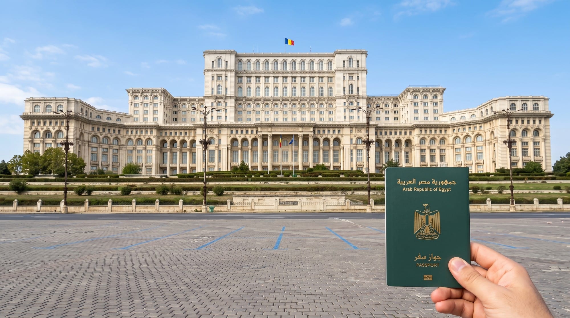 🇷🇴 فيزا رومانيا للمصريين 2026: دعوة IGI والأوراق والرسوم وخطوات التقديم 2 فيزا رومانيا للمصريين: جواز سفر مصري أخضر في يد مسافر قدام قصر البرلمان في بوخارست وفوقه علم رومانيا