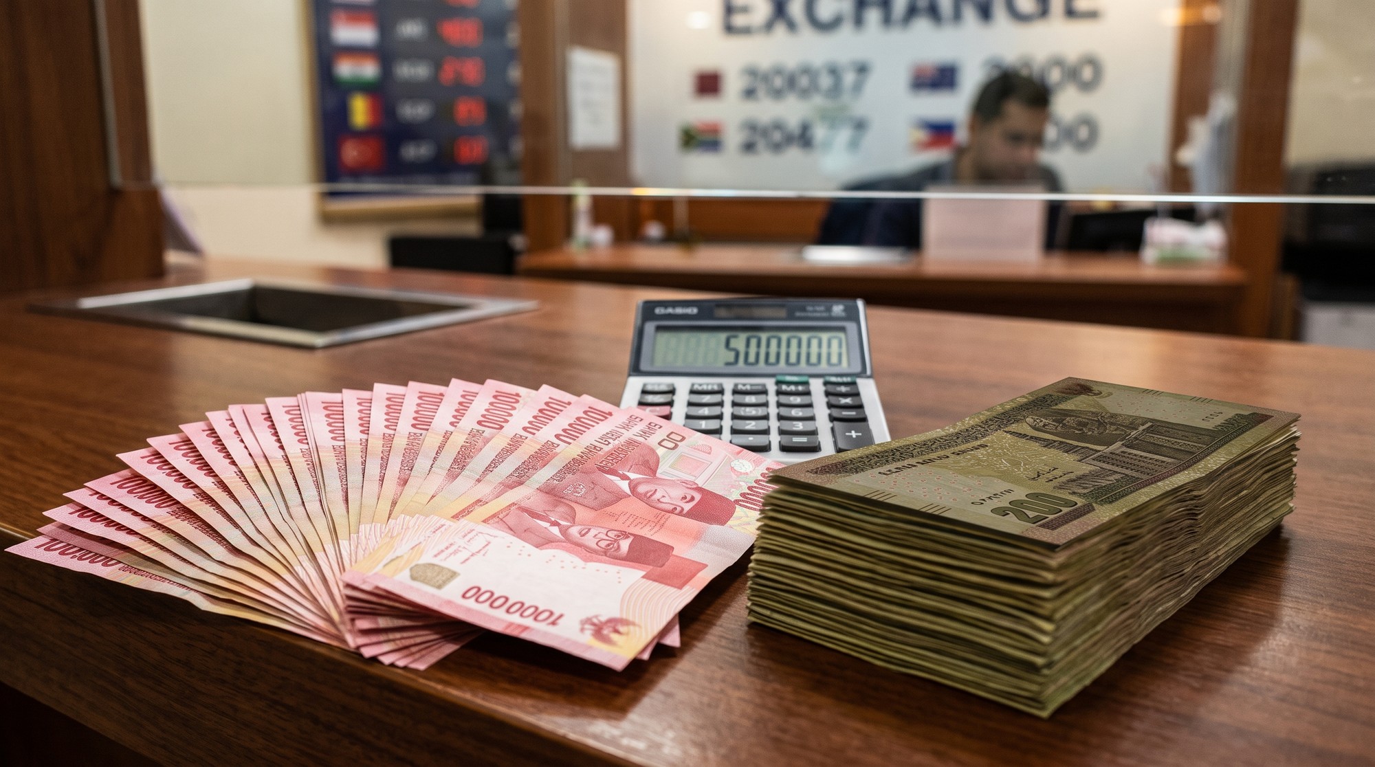 رسوم فيزا إندونيسيا: مروحة أوراق روبية إندونيسية حمرا جنب رزمة أوراق جنيه مصري من فئة 200 وآلة حاسبة عليها 500000 على كاونتر صرافة