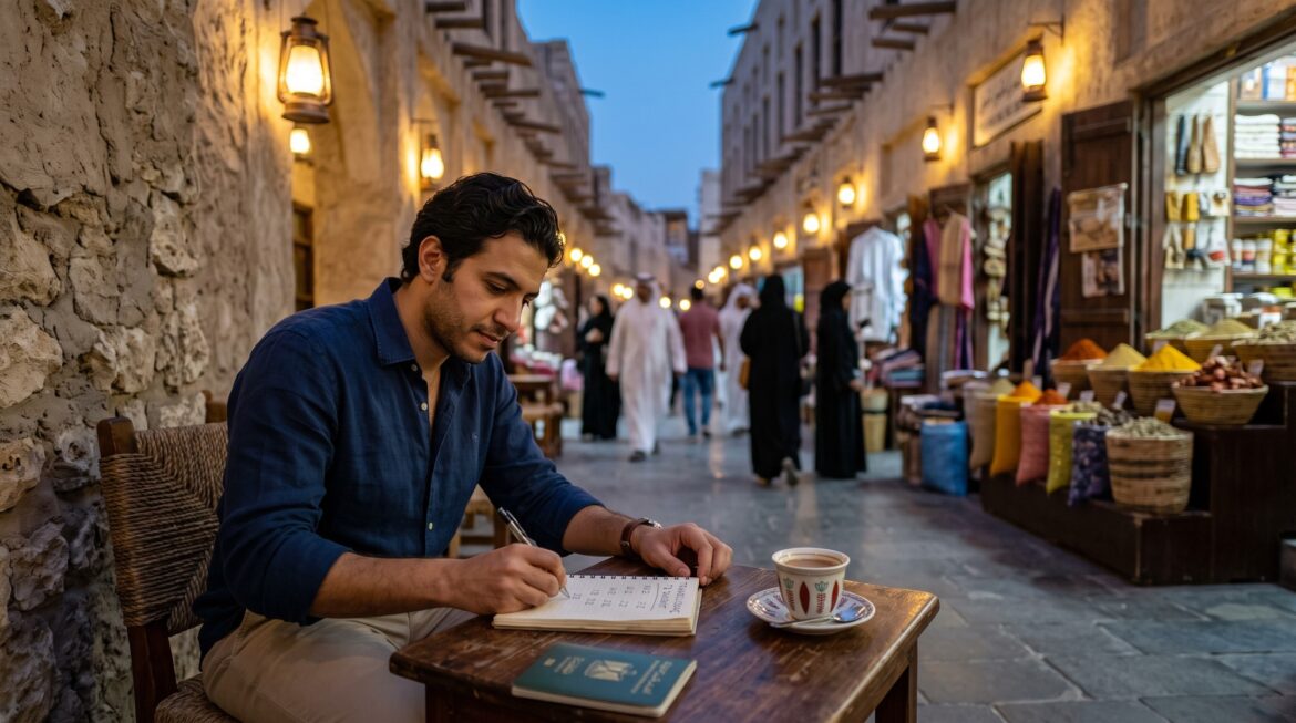 مسافر مصري بيكتب ميزانيته في نوتة على ترابيزة قهوة في سوق واقف بالدوحة وقت المغرب علشان يحسب تكلفة السفر إلى قطر