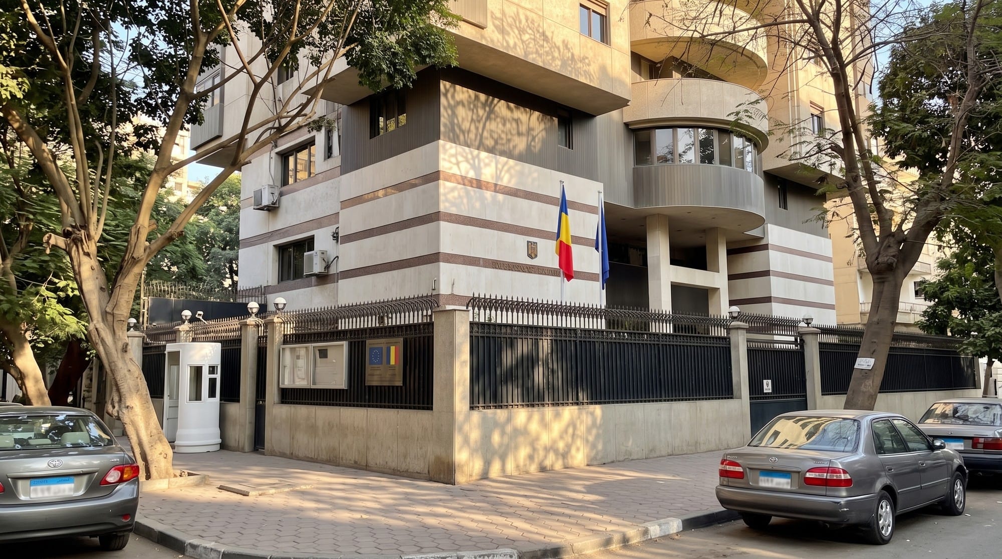 🇷🇴 فيزا رومانيا للمصريين 2026: دعوة IGI والأوراق والرسوم وخطوات التقديم 6 مبنى سفارة رومانيا في القاهرة بالزمالك وعليه علم رومانيا وعلم الاتحاد الأوروبي، ورا سور حديد أسود وكشك أمن وعربيات راكنة تحت الشجر
