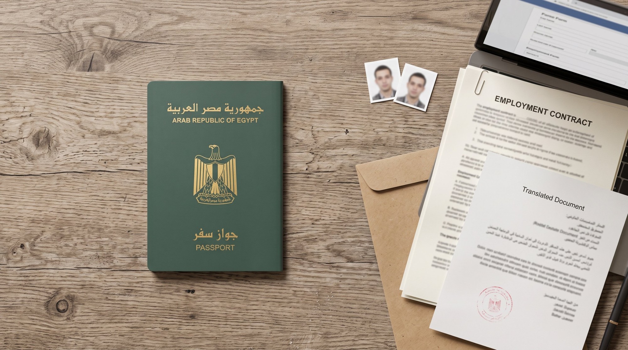 🇦🇱 المهن المطلوبة في ألبانيا 2026: المرتب بالجنيه وتصريح العمل في 7 خطوات 5 ورق تصريح العمل في ألبانيا على مكتب خشب: جواز سفر مصري مقفول وصورتين شخصيتين بخلفية بيضا وعقد عمل ومستند مترجم مختوم وظرف بريد بني