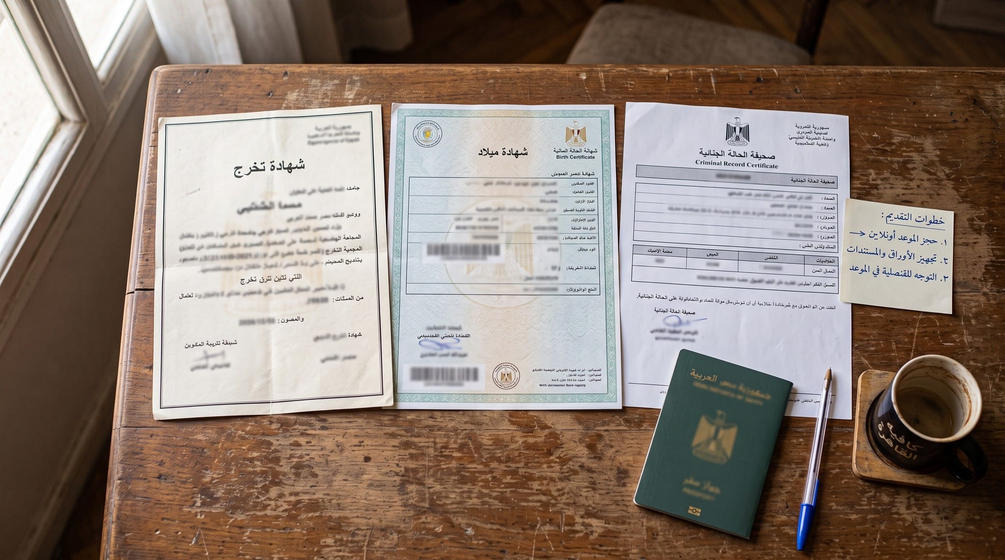شهادة تخرج وشهادة ميلاد وصحيفة حالة جنائية جنب بعض على مكتب خشب مع ورقة خطوات مكتوبة بخط اليد وجواز سفر أخضر