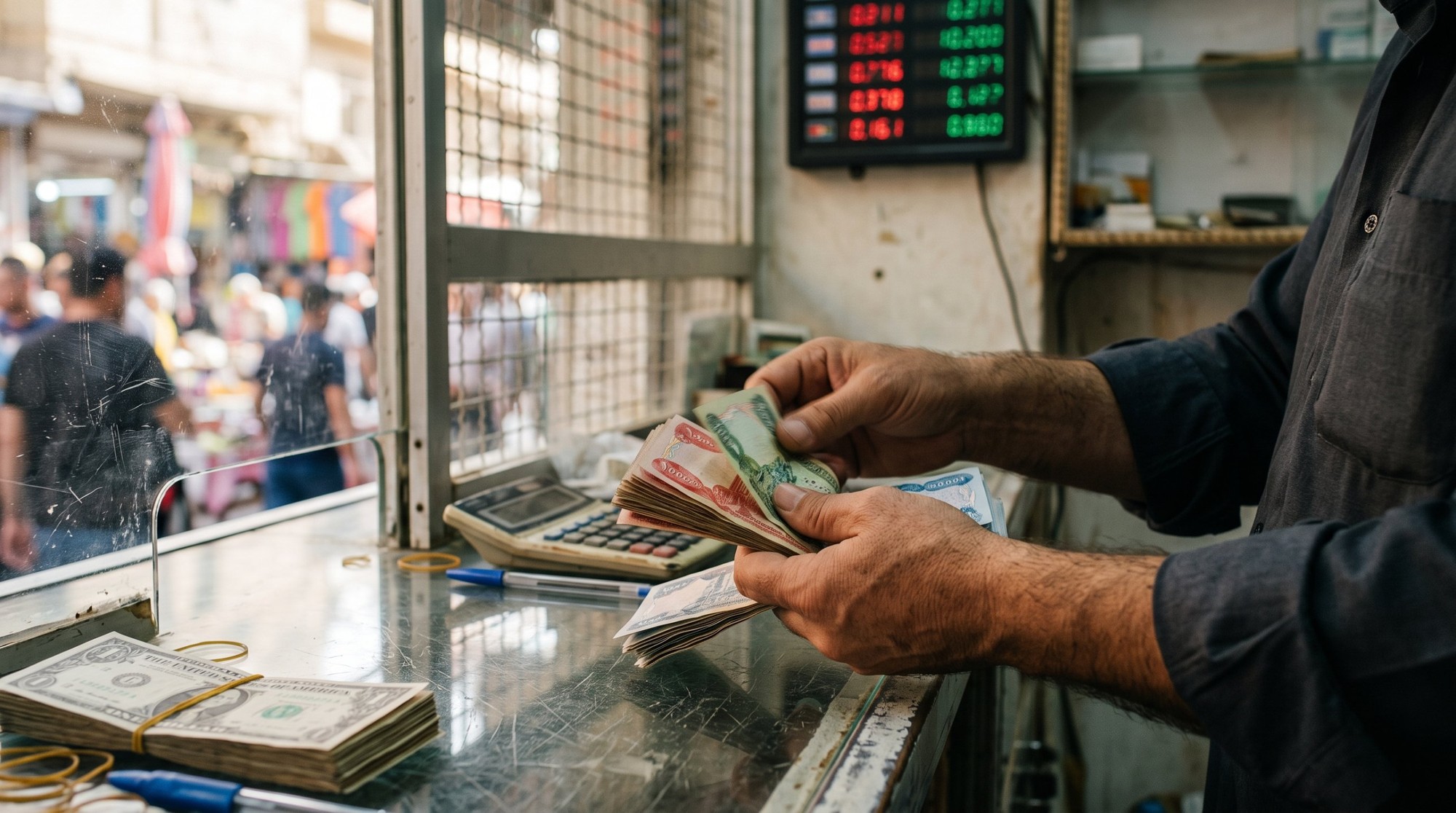 إيدين بتعد أوراق دينار عراقي في شباك محل صيرفة، وجنبها حزمة دولارات وآلة حاسبة، وشاشة أسعار الصرف معلقة ورا