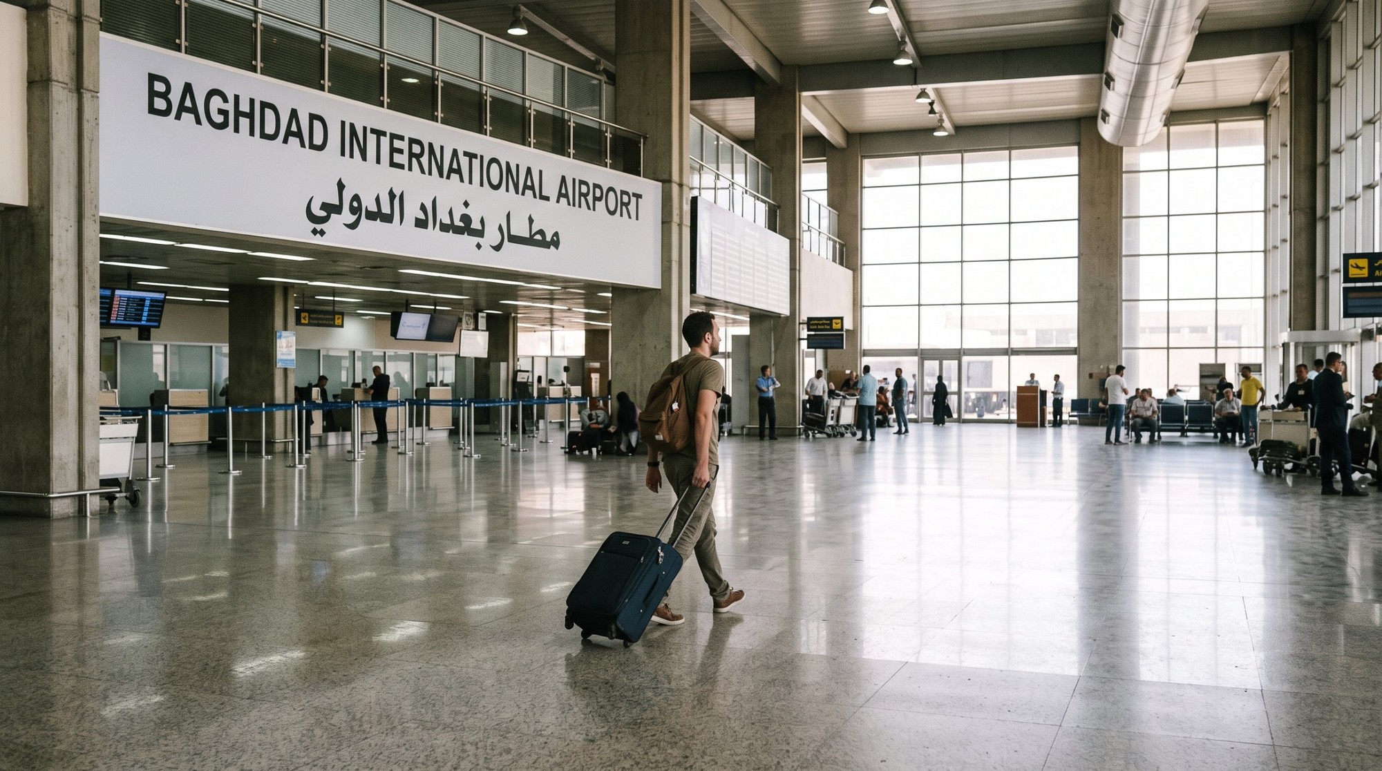 مسافر بشنطة ظهر بيجر شنطة سفر بعجل وماشي في صالة مطار بغداد الدولي تحت لافتة المطار بالعربي والإنجليزي، والشبابيك الزجاج الكبيرة ورا
