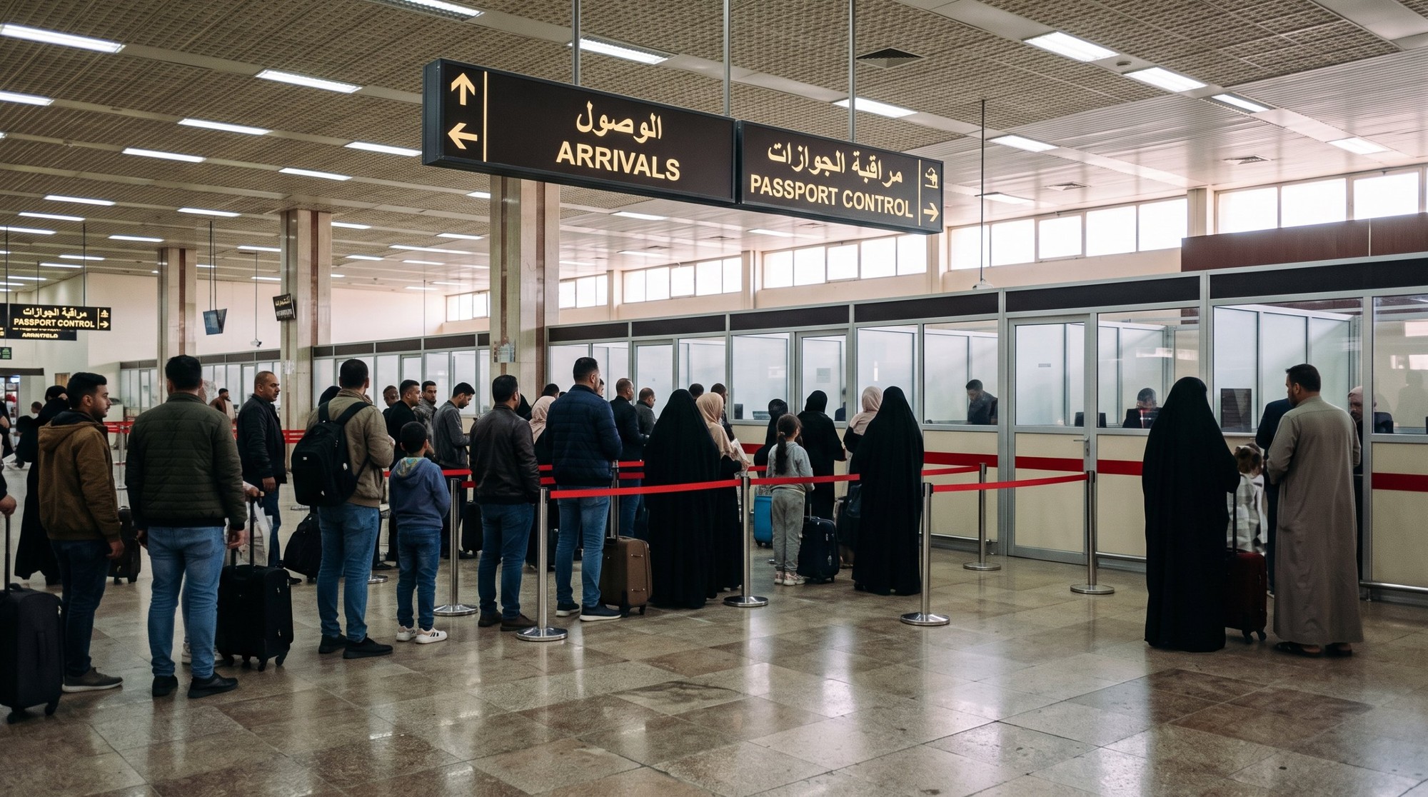 🇮🇶 فيزا العراق للمصريين 2026: السفارة في القاهرة والأوراق والرسوم بالجنيه 4 مسافرين بشنطهم في طابور قدام كبائن مراقبة الجوازات في صالة وصول مطار بغداد واللافتات بالعربي والإنجليزي