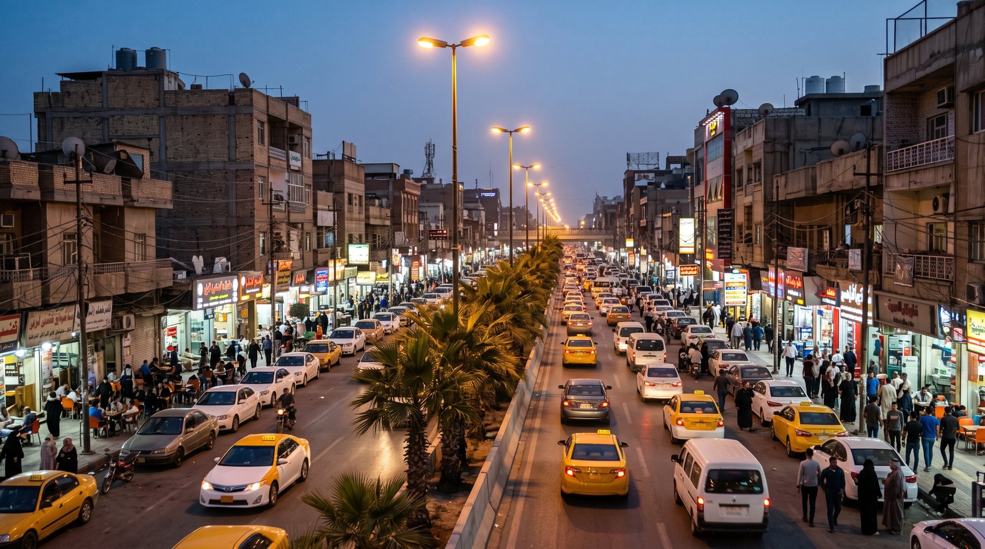 شارع تجاري في بغداد وقت الغروب مزدحم بتاكسيات صفراء وعربيات، ونخيل في النص ومحلات ومطاعم منورة على الجنبين