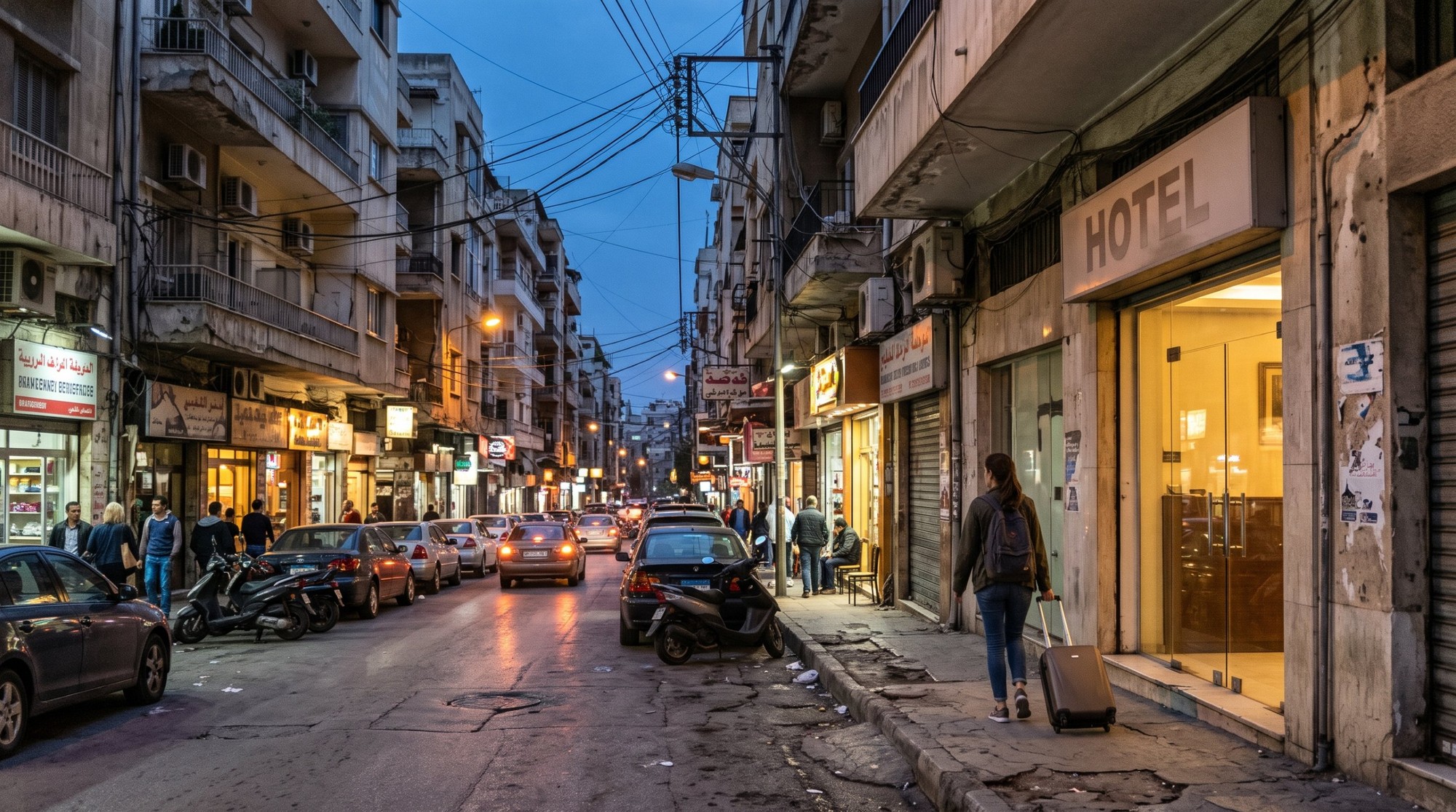🇱🇧 تكلفة السفر إلى لبنان 2026 من مصر: ميزانية أسبوع في بيروت بالجنيه والدولار 4 شارع في بيروت بالليل بعماراته القديمة وكابلات الكهربا المتشابكة والعربيات الراكنة، ومسافرة بشنطة ضهر وشنطة سفر ماشية ناحية مدخل فندق صغير منور