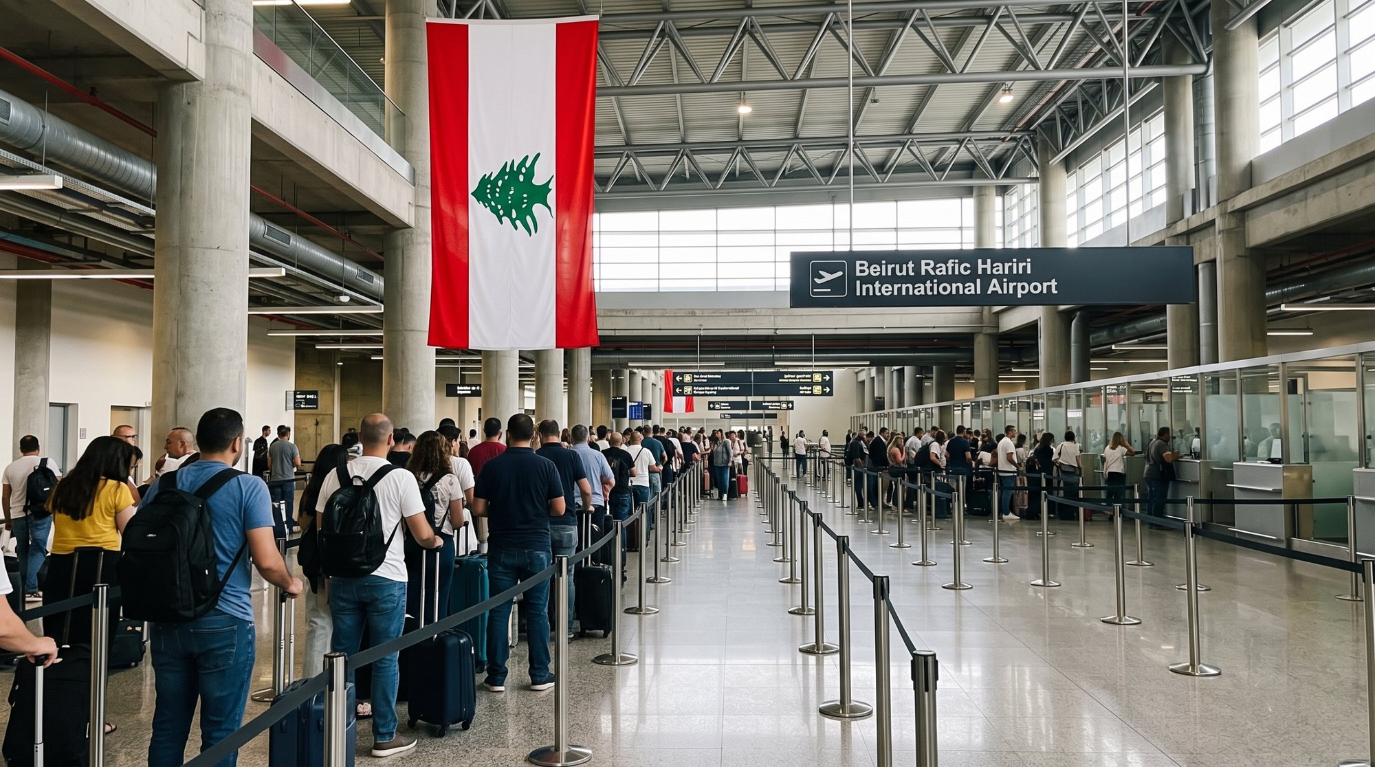 🇱🇧 فيزا لبنان للمصريين 2026: شروط مطار بيروت والـ2000 دولار وموافقة الأمن العام 5 طابور مسافرين بحقائب في صالة الوصول بمطار رفيق الحريري الدولي في بيروت وعلم لبنان معلّق وكاونترات الجوازات على الجنب