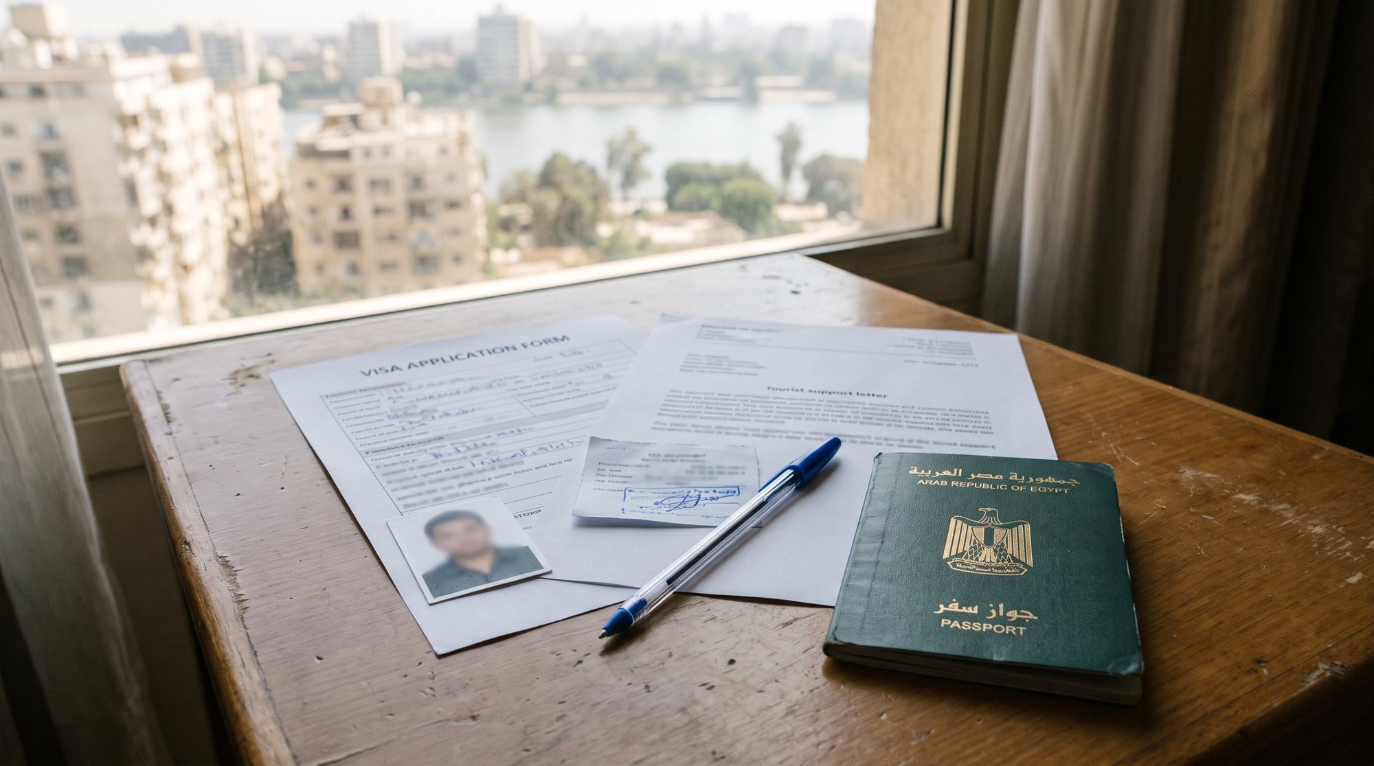 🇧🇾 فيزا بيلاروسيا للمصريين 2026: الدخول بفيزا شنجن 30 يوم والرسوم بالجنيه والأوراق 4 ملف فيزا سياحة بيلاروسيا على مكتب خشب جنب شباك بيطل على النيل في القاهرة: استمارة طلب فيزا وخطاب دعم سياحي وصورة شخصية ملامحها مش واضحة وإيصال رسوم وقلم، وجنبهم جواز سفر مصري مقفول