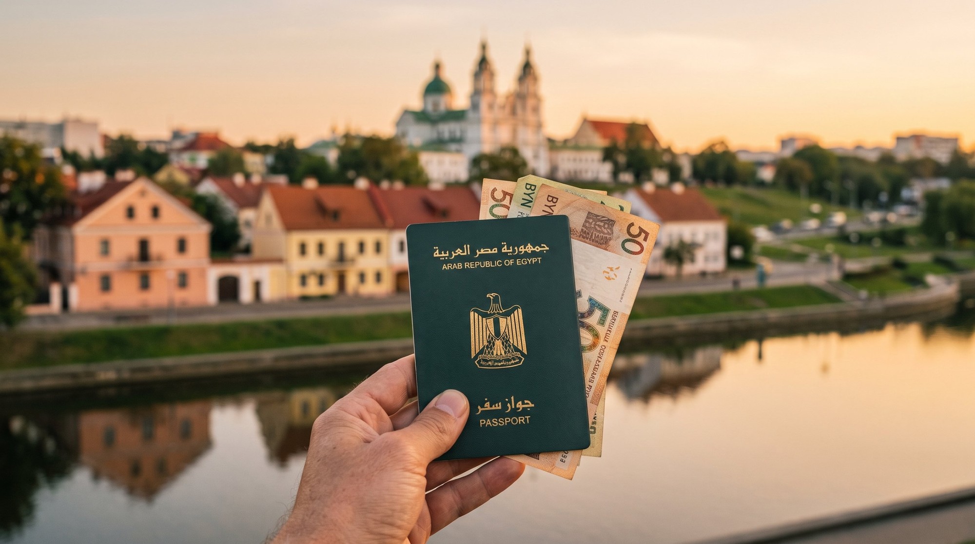 🇧🇾 تكلفة السفر إلى بيلاروسيا 2026 من مصر: ميزانية أسبوع في مينسك بالجنيه والروبل 2 تكلفة السفر إلى بيلاروسيا: إيد ماسكة جواز سفر مصري وفلوس روبل بيلاروسي قدام بيوت ملونة على نهر سفيسلاتش وكاتدرائية على التل في مينسك وقت الغروب