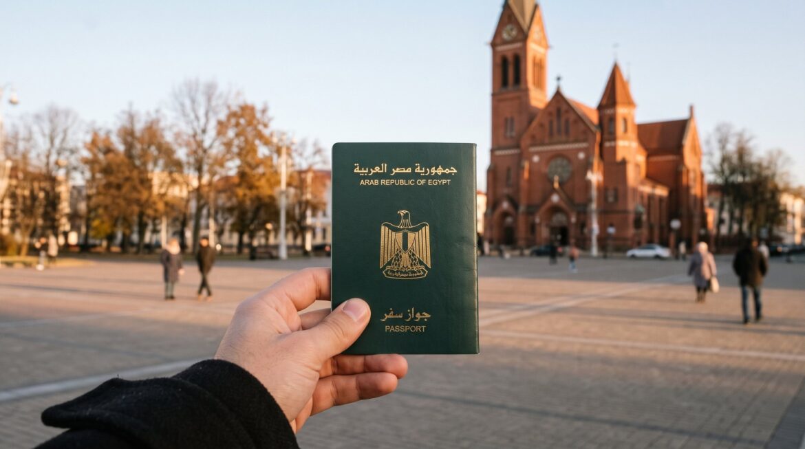 فيزا بيلاروسيا للمصريين: إيد مسافر ماسكة جواز سفر مصري أخضر مقفول قدام الكنيسة الحمرا بالطوب الأحمر وبرجها العالي في ميدان الاستقلال في مينسك، وشجر الخريف حوالين الميدان
