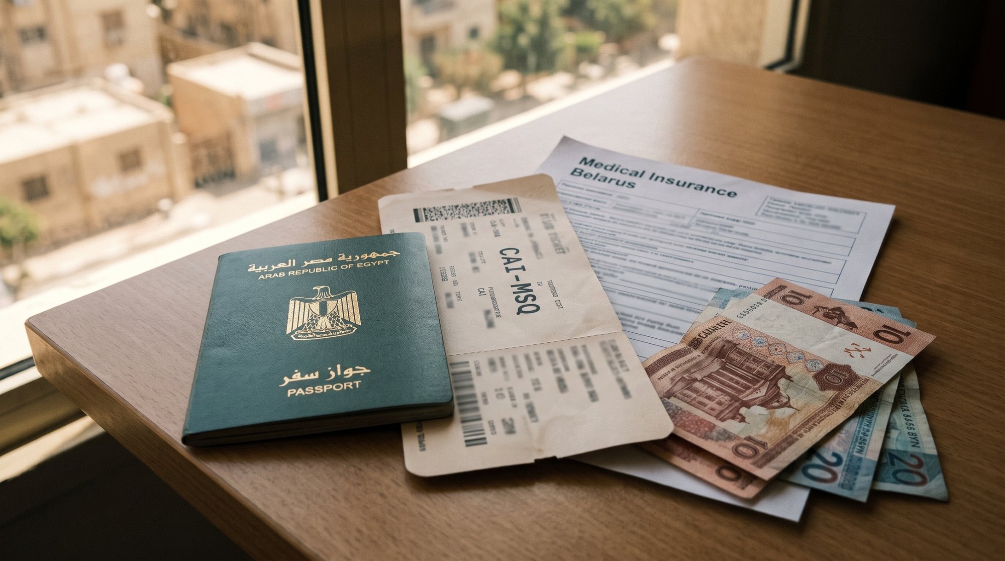 🇧🇾 فيزا بيلاروسيا للمصريين 2026: الدخول بفيزا شنجن 30 يوم والرسوم بالجنيه والأوراق 3 جواز سفر مصري مقفول على ترابيزة خشب جنبه تذكرة طيران مطبوعة من القاهرة لمينسك، ووثيقة تأمين طبي لبيلاروسيا، وفلوس روبل بيلاروسي، والبيانات الشخصية مش مقروءة