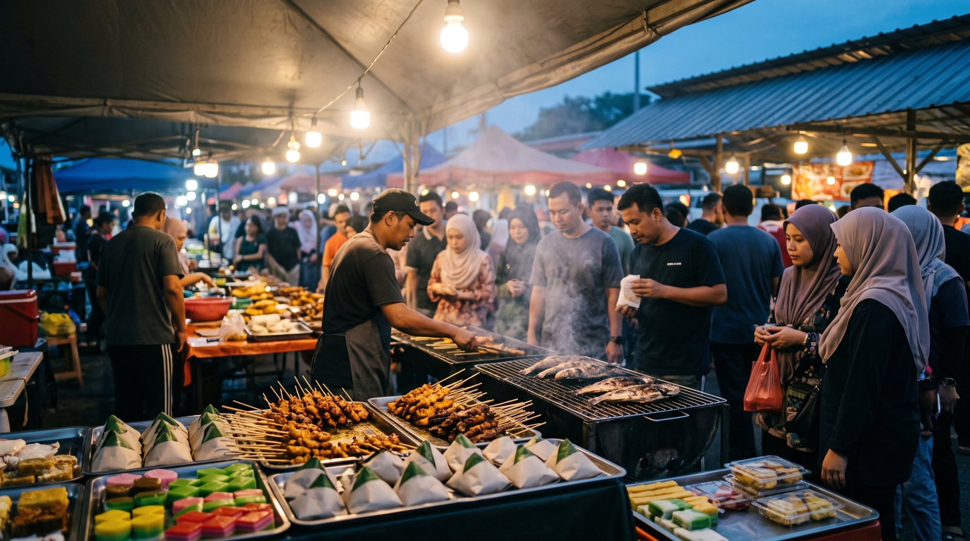 بائع بكاب بيشوي ساتيه وسمك على الفحم في سوق ليلي مزدحم، وحواليه ورق أرز ملفوف وحلويات ملونة وزباين في الغروب