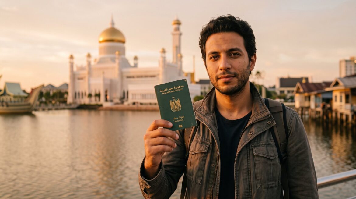 فيزا بروناي للمصريين: راجل ماسك جواز سفر مصري أخضر قدام مسجد السلطان عمر علي سيف الدين وقت الغروب في بندر سري بكاوان