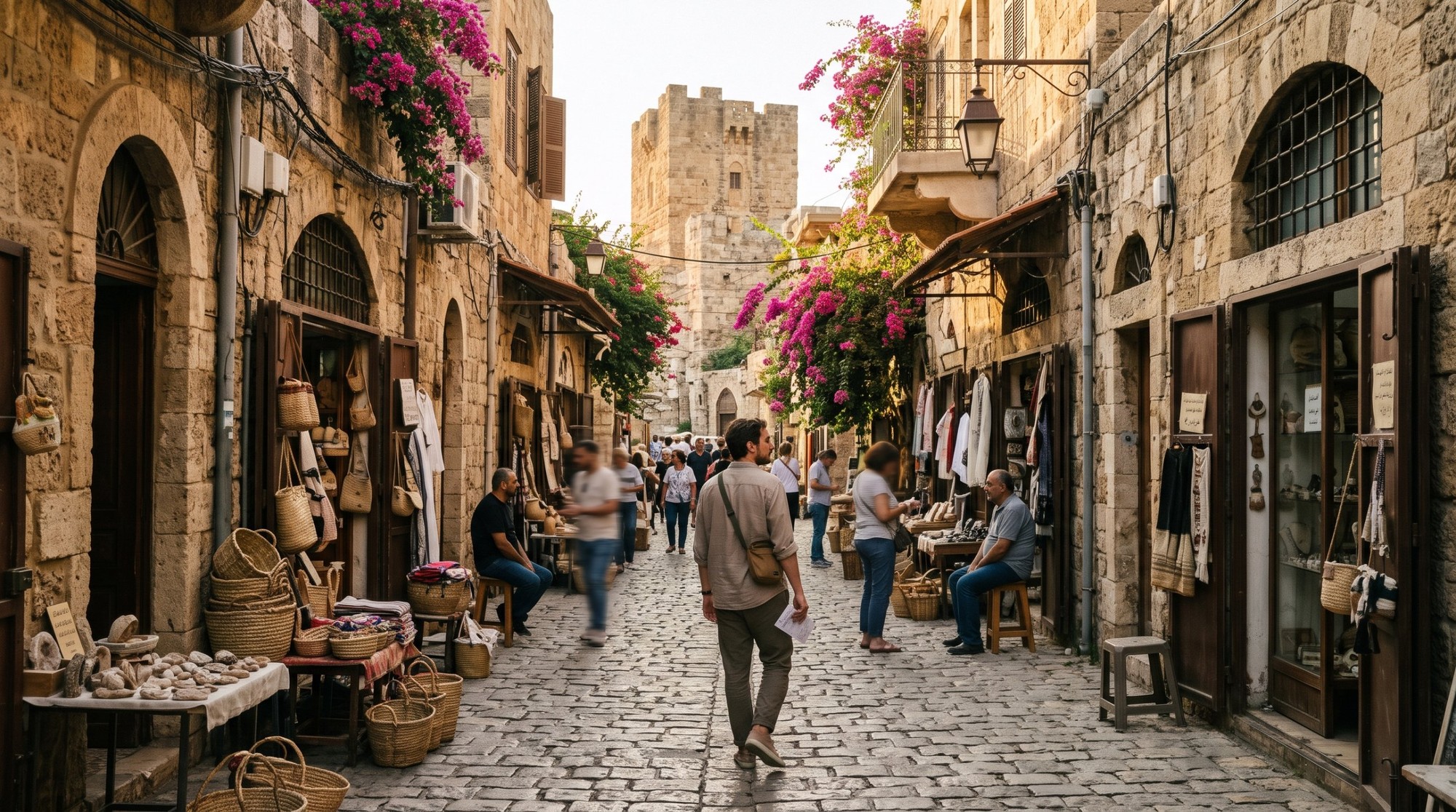 🇱🇧 تكلفة السفر إلى لبنان 2026 من مصر: ميزانية أسبوع في بيروت بالجنيه والدولار 6 ممر حجري في السوق القديم في جبيل بمحلات السلال والتذكارات والجهنمية على الحيطان، والقلعة باينة في آخره ومسافر ماشي ماسك ورقة في إيده