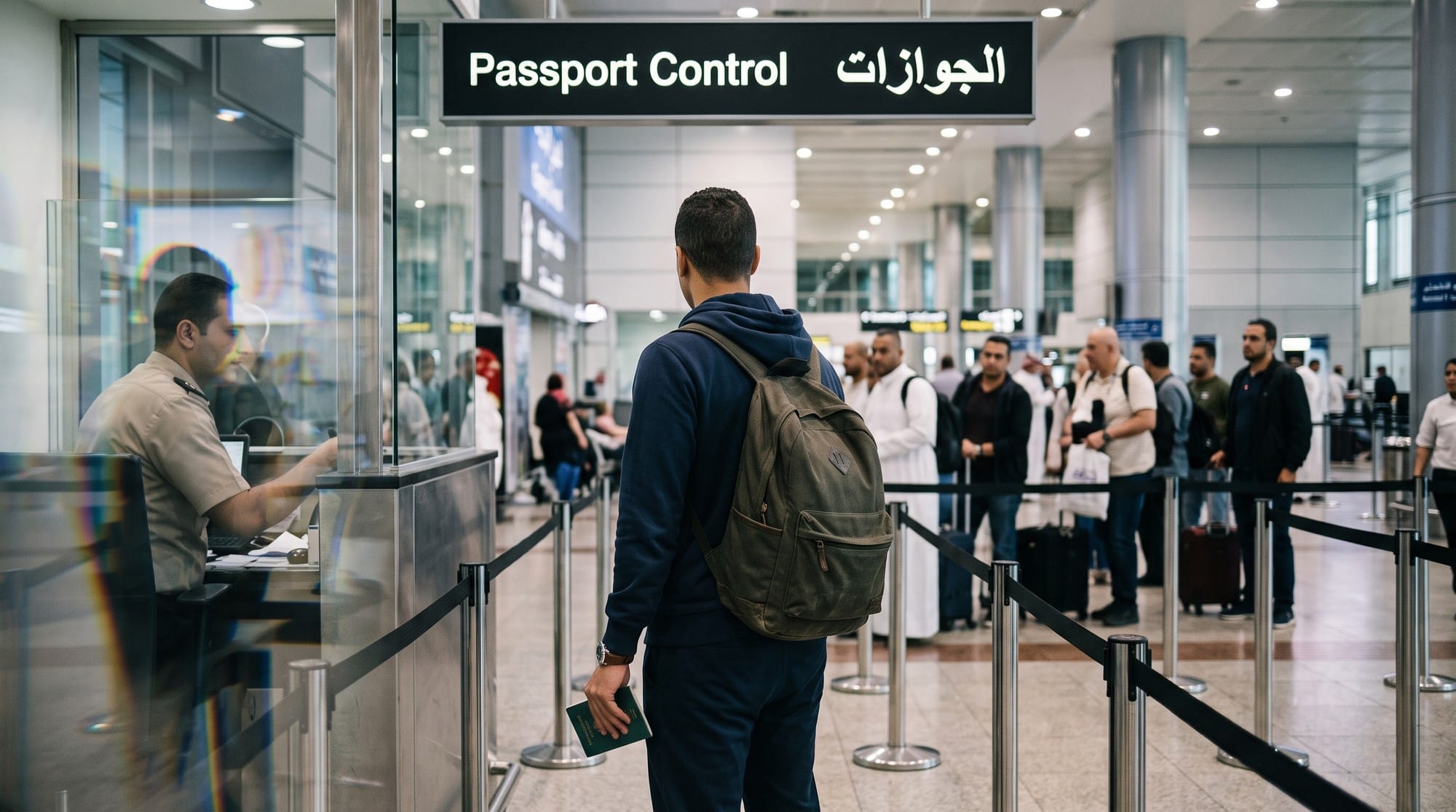 مسافر ماسك جواز سفره وواقف في طابور كاونتر الجوازات تحت لافتة Passport Control في المطار