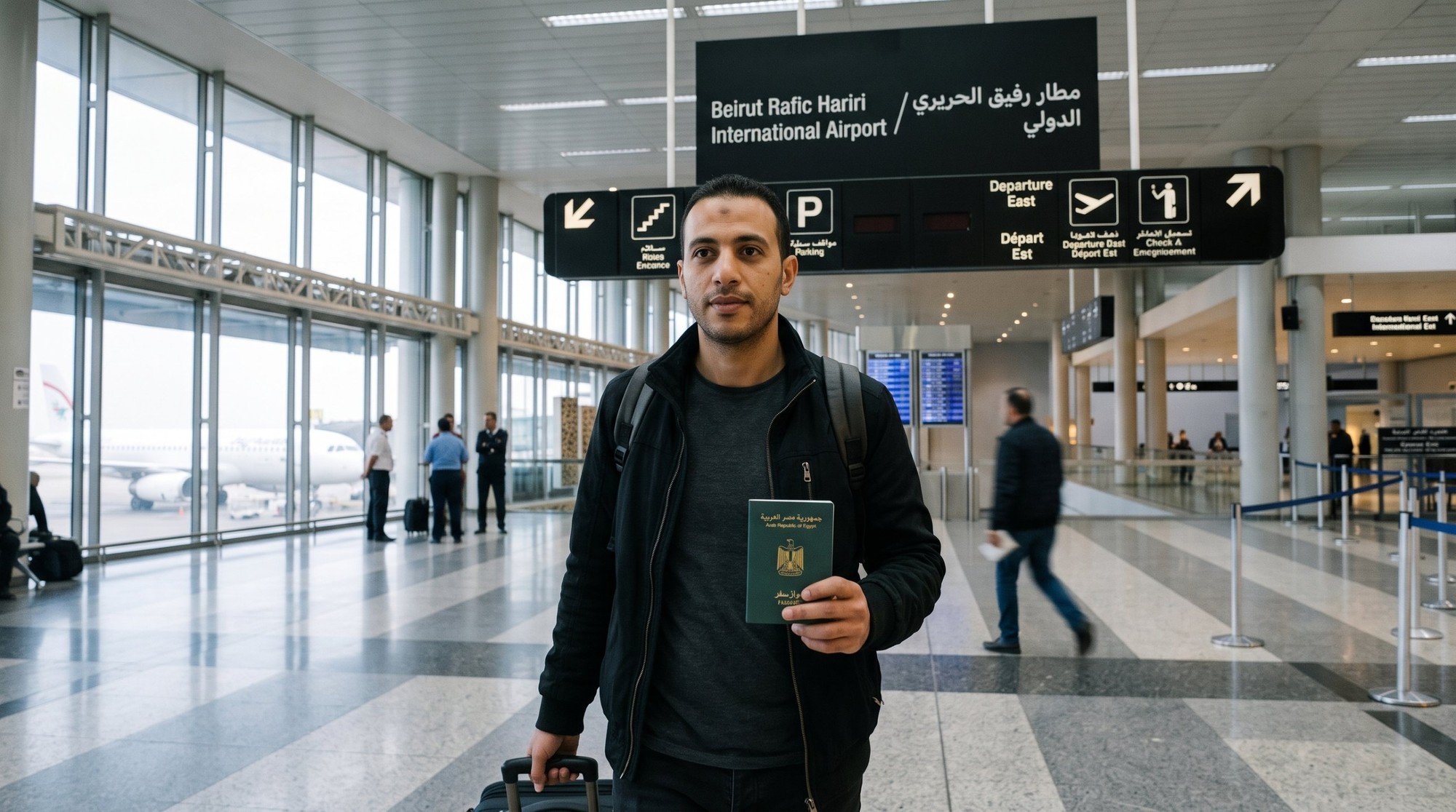 🇱🇧 تكلفة السفر إلى لبنان 2026 من مصر: ميزانية أسبوع في بيروت بالجنيه والدولار 3 مسافر مصري ماسك جواز السفر المصري الأخضر وبيجر شنطة سفر صغيرة في صالة مطار رفيق الحريري الدولي في بيروت تحت لافتة اسم المطار بالعربي والإنجليزي