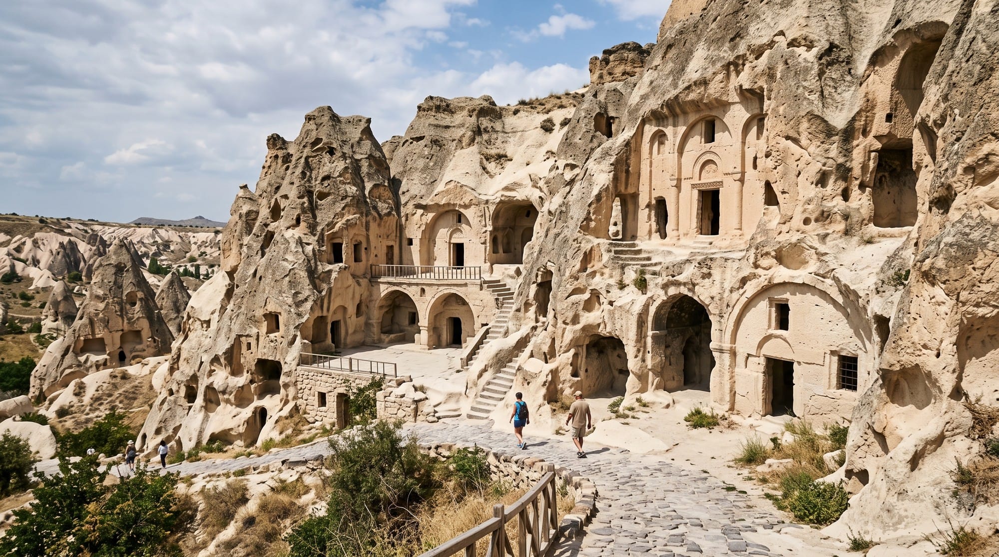 واجهات كنايس وأديرة منحوتة في صخور جوريمي بأقواس وسلالم حجرية، وزائران ماشيان على ممر مرصوف