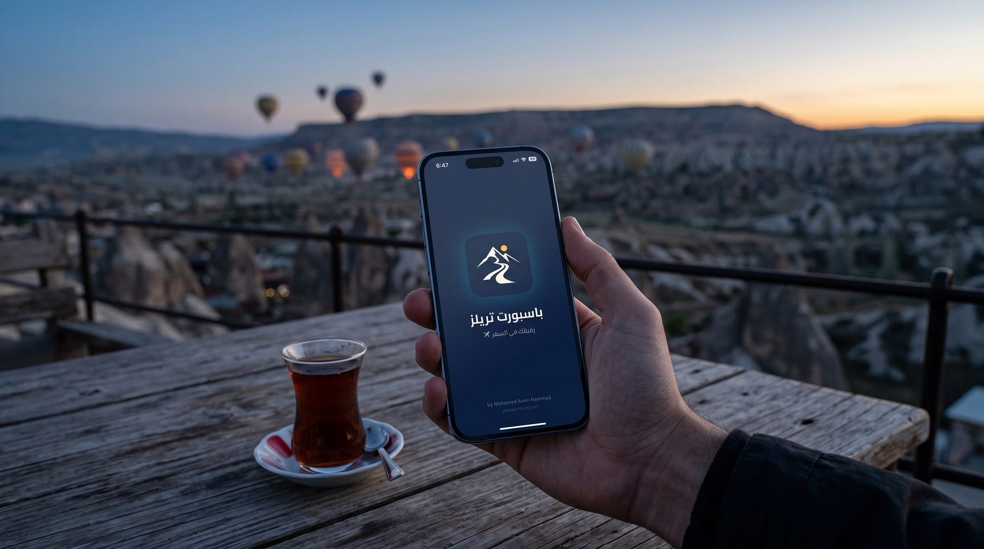 إيد ماسكة موبايل على شاشته تطبيق باسبورت تريلز، وجنبه كوباية شاي تركي على ترابيزة خشب تطل على وادي كابادوكيا والبالونات