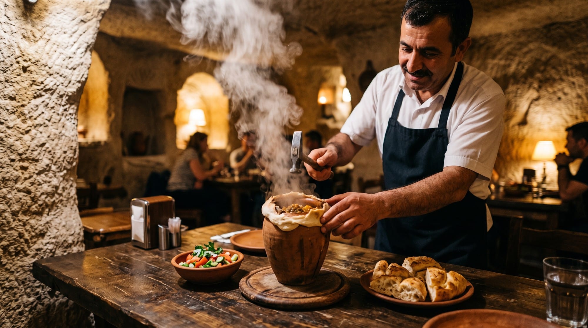 نادل بيكسر جرة كباب الجرة بمطرقة صغيرة على طاولة خشب في مطعم كهفي بجوريمي، والبخار طالع منها وجنبها سلطة وخبز