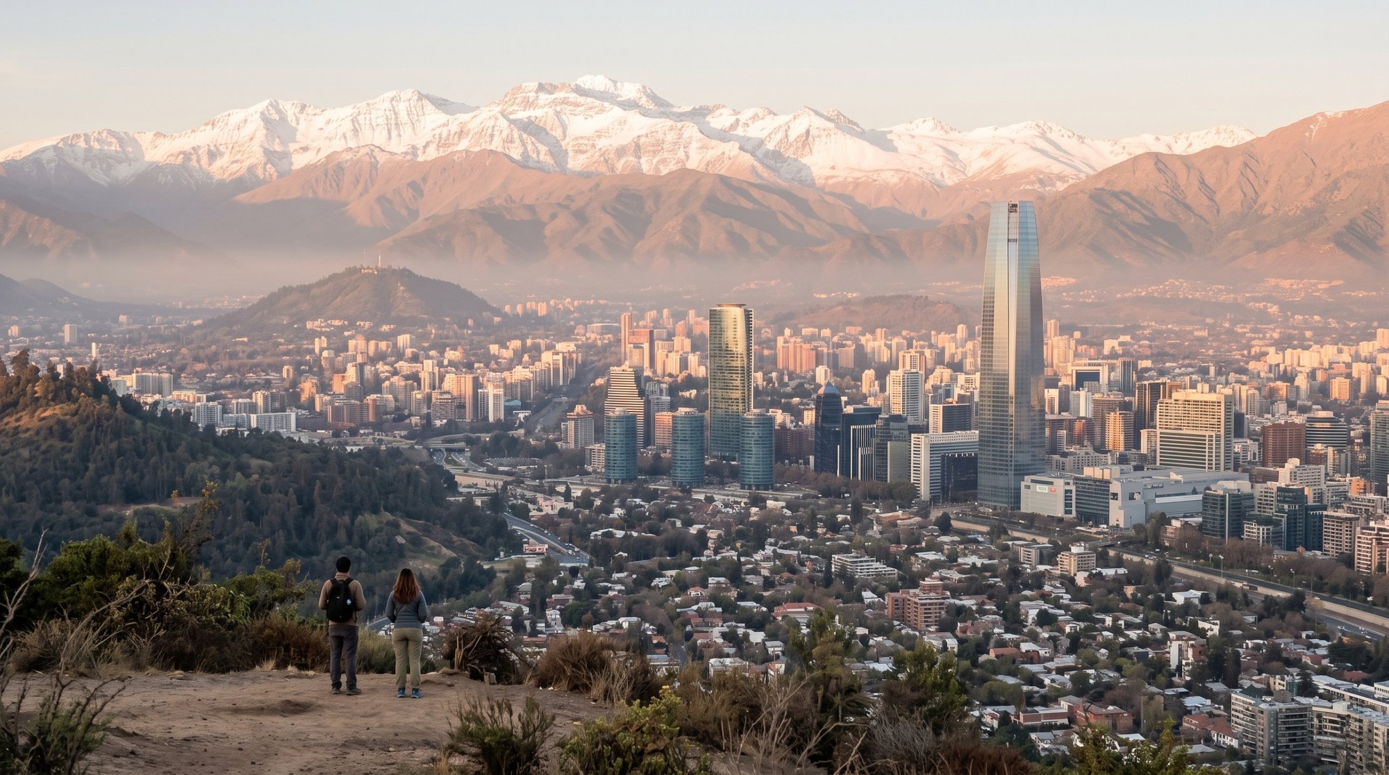 🇨🇱 تكلفة السفر إلى تشيلي 2026 من مصر: ميزانية 8 أيام بالجنيه والدولار 2 مسافران على تل مطل يتأملان أفق سانتياجو وجبال الأنديز المغطاة بالثلج، تكلفة السفر إلى تشيلي