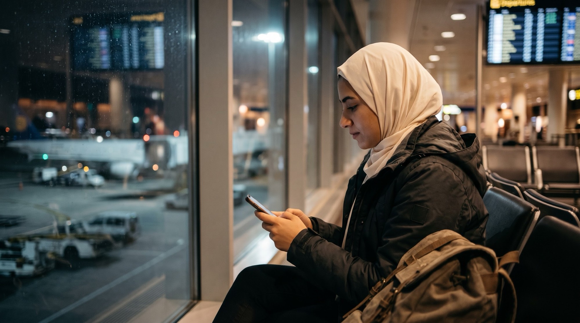 شريحة هولافلاي الإلكترونية 2026: إنترنت غير محدود من أول ما تنزل في أكتر من 200 وجهة 5 مسافرة محجبة قاعدة جنب شباك بوابة السفر في المطار بالليل وبتتابع موبايلها، وورا الإزاز الطيارات وعربيات الخدمة