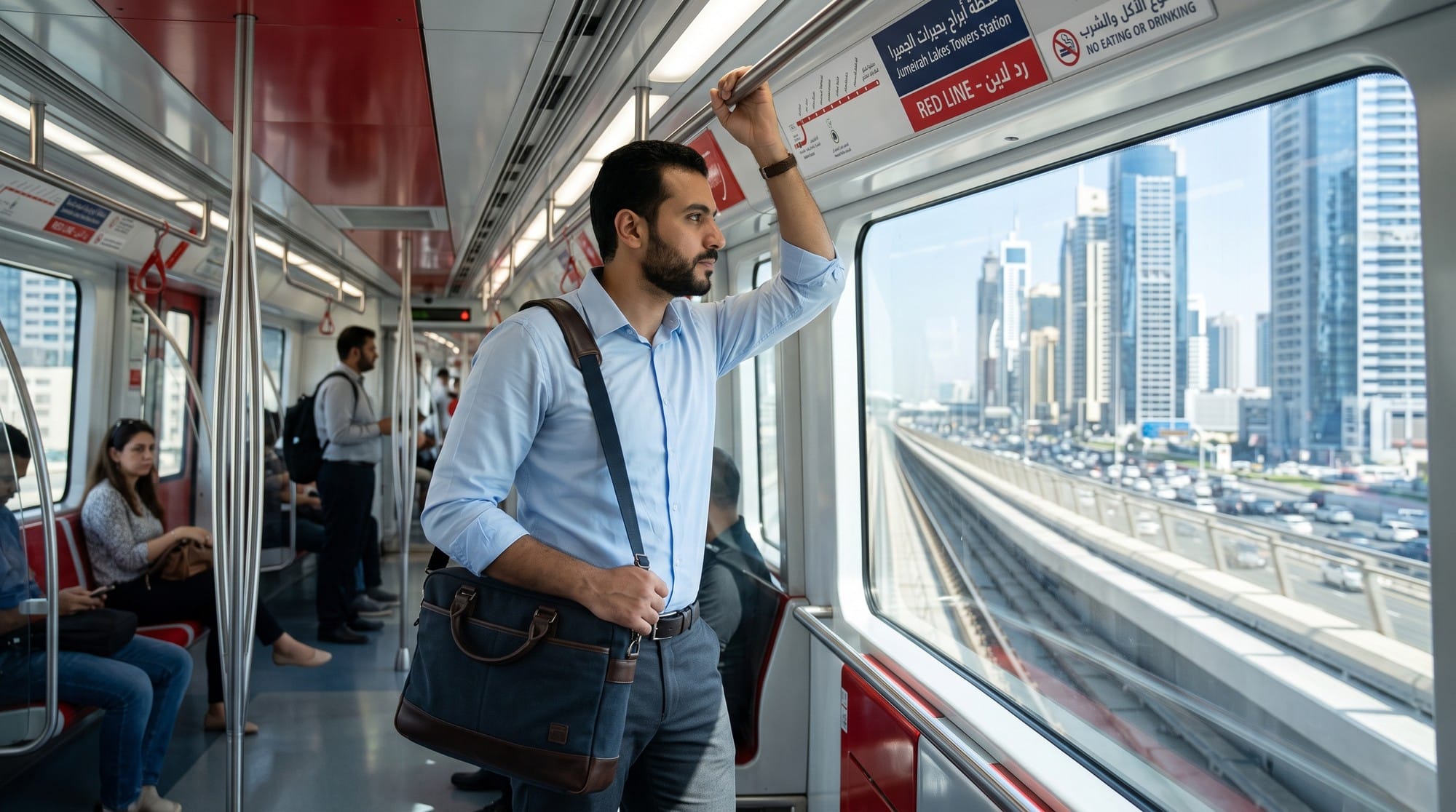 موظف مصري ماسك الدرابزين جوه عربية مترو دبي الخط الأحمر والأبراج العالية باينة من الشباك