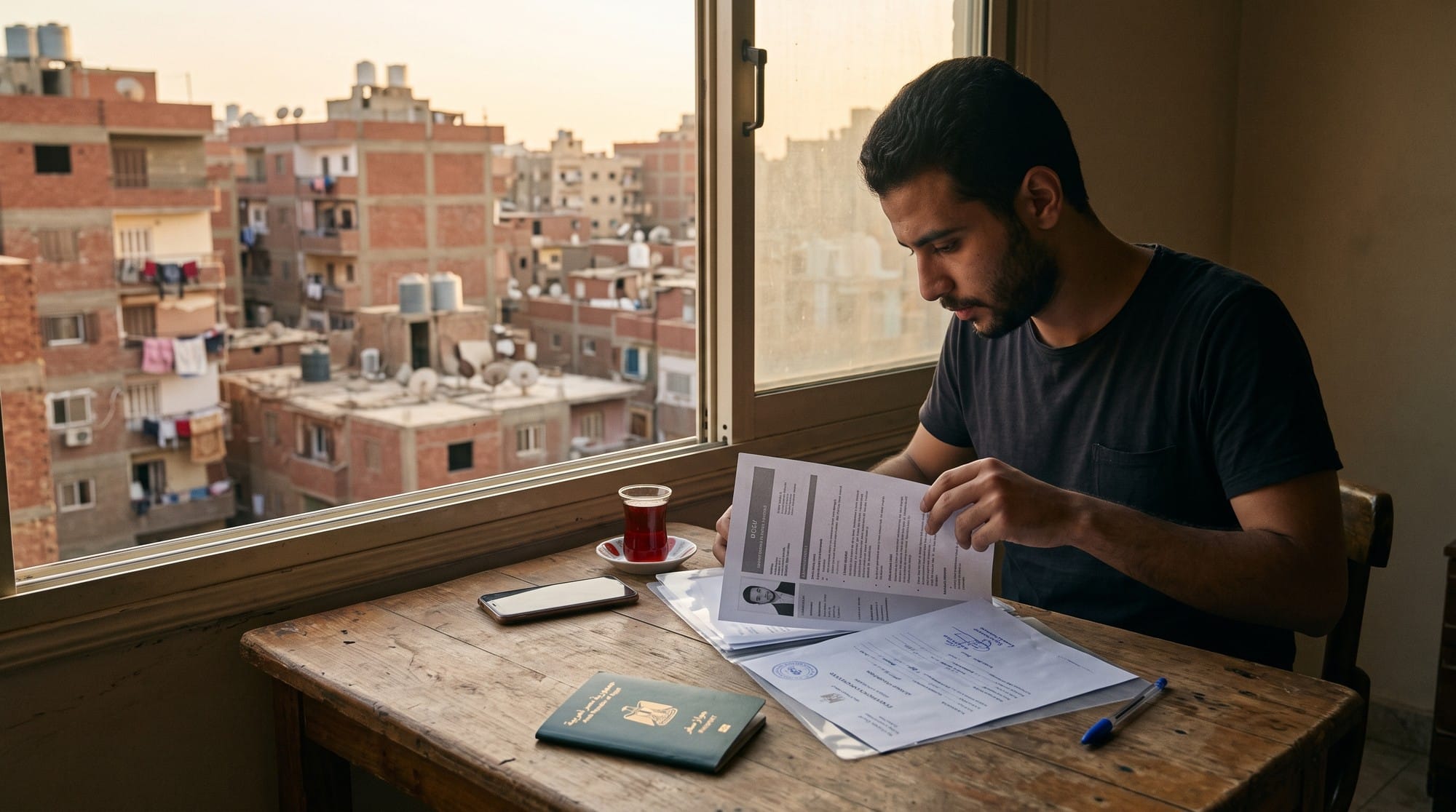 شاب بيراجع سيرة ذاتية وأوراق عليها ختم على طرابيزة خشب جنب شباك بيطل على عمارات طوب أحمر فوقها خزانات مياه، وجنبه باسبورت أخضر مقفول وكوباية شاي وموبايل
