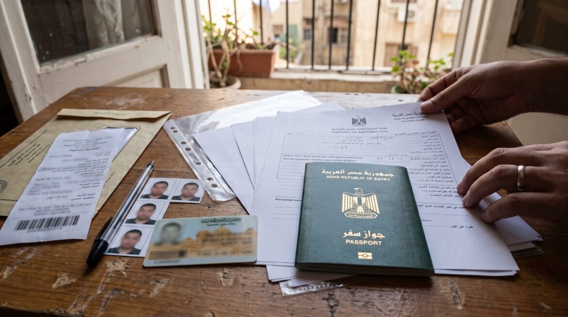 الأوراق المطلوبة لاستخراج جواز السفر المصري: جواز أخضر وبطاقة رقم قومي وصور شخصية ونموذج طلب على مكتب خشب