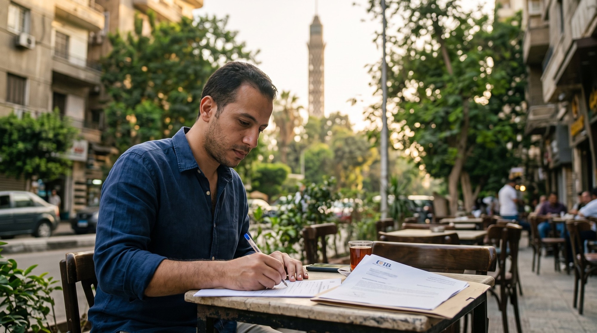 🇱🇧 فيزا لبنان للمصريين 2026: شروط مطار بيروت والـ2000 دولار وموافقة الأمن العام 4 شاب مصري قاعد على ترابيزة كافيه في زمالك بيملا استمارة بالقلم وجنبه ملف أوراق وكوباية شاي وبرج القاهرة ورا